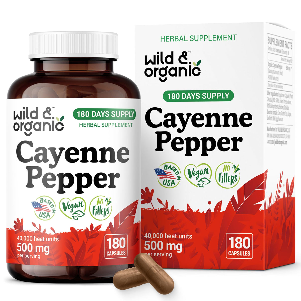 Wild & Organic Cayenne Pepper Capsules 500mg front view