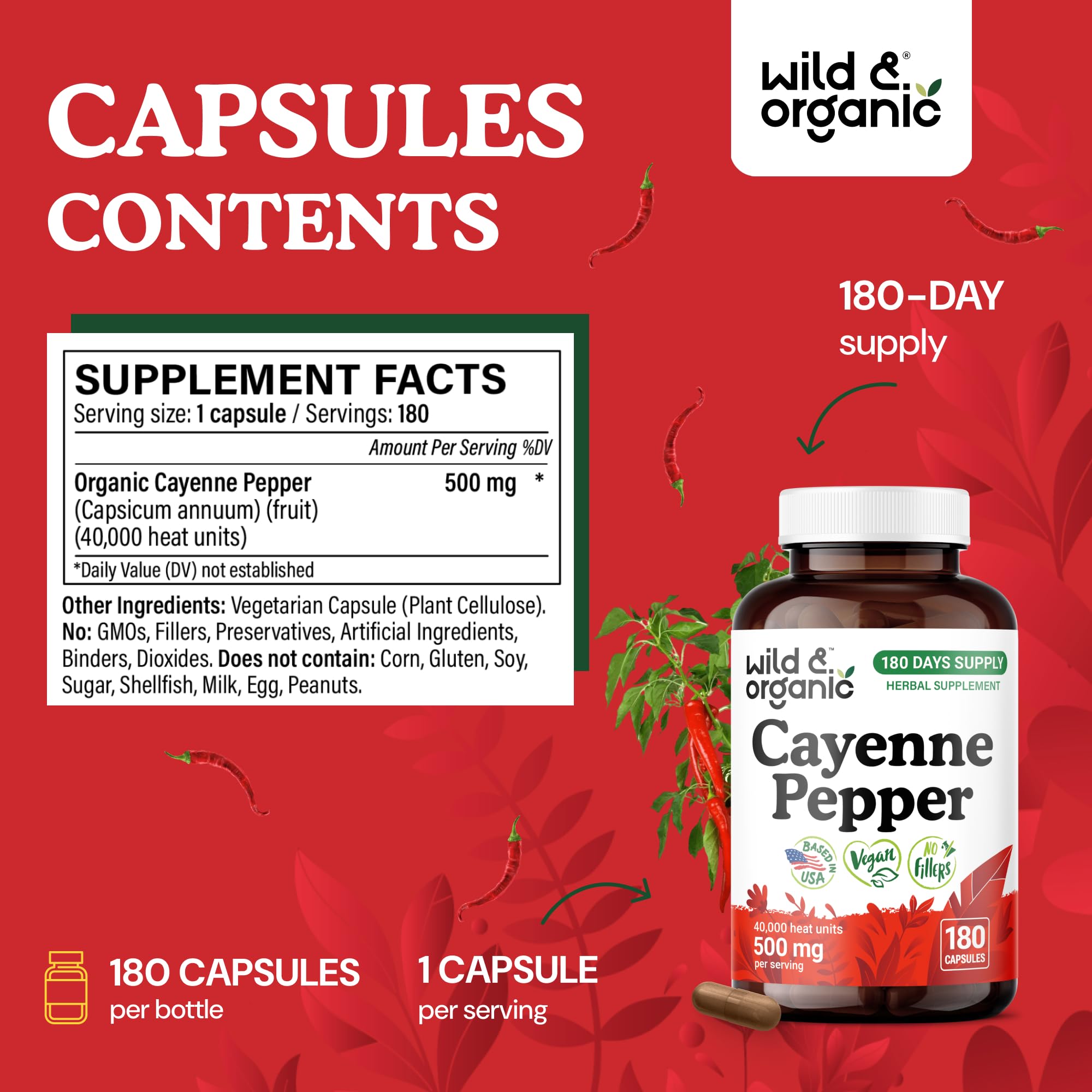 Wild & Organic Cayenne Pepper Capsules 500mg side view