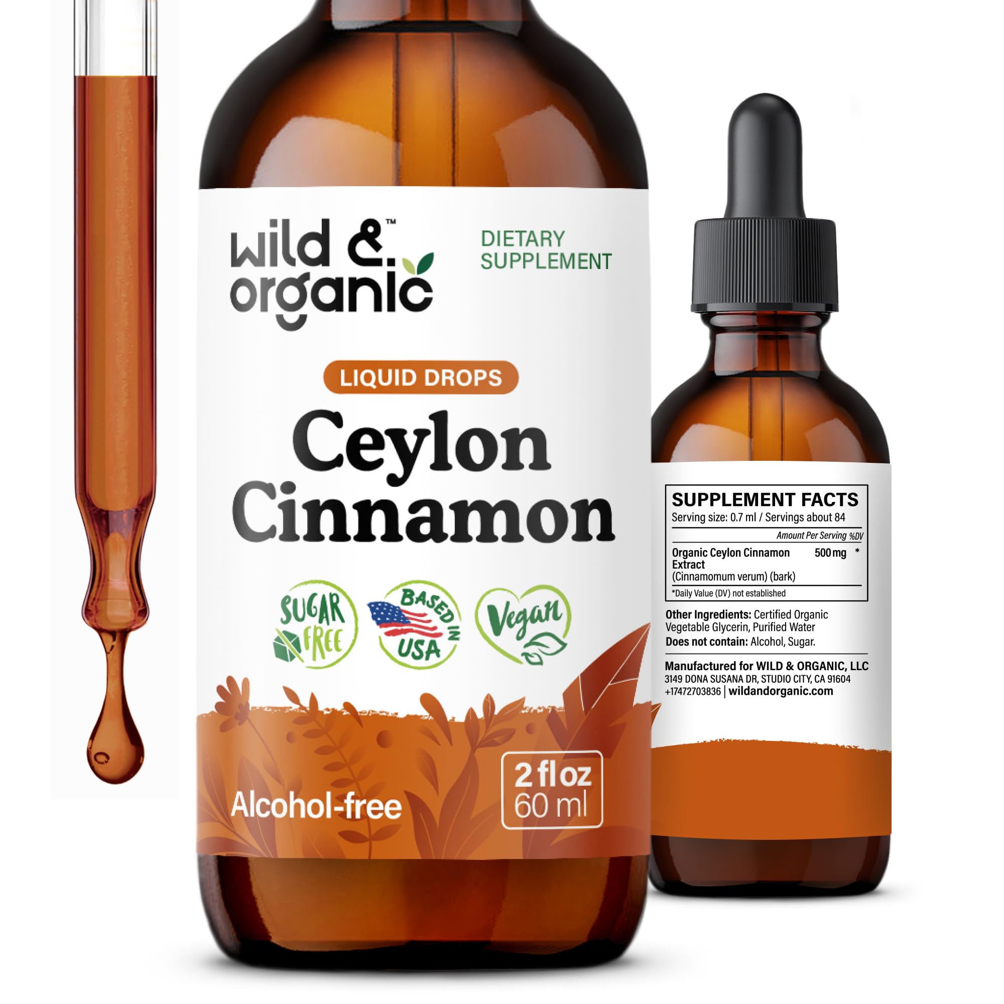 Wild & Organic Ceylon Cinnamon Drops 500mg front view