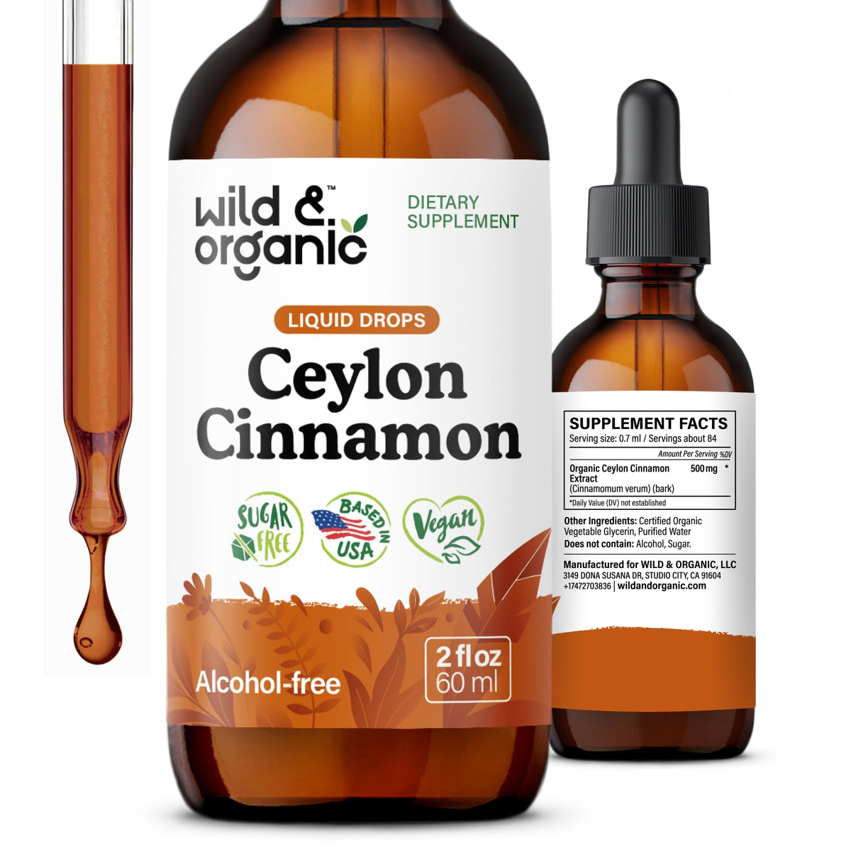 Wild & Organic Ceylon Cinnamon Drops 500mg front view
