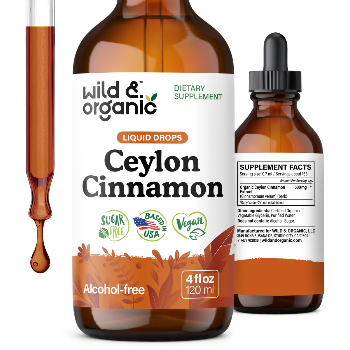 Wild & Organic Ceylon Cinnamon Drops 500mg front view