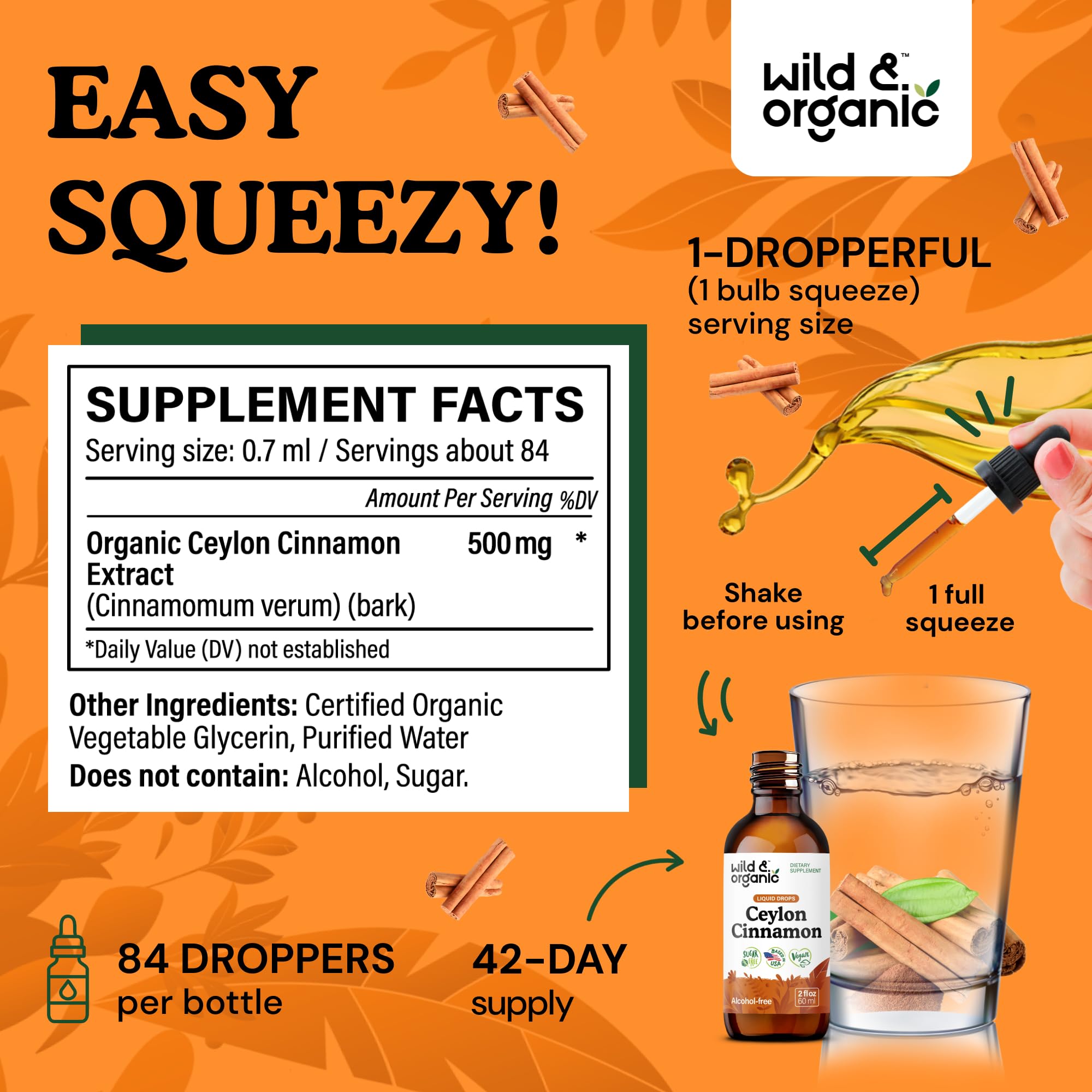 Wild & Organic Ceylon Cinnamon Drops 500mg with measuring dropper
