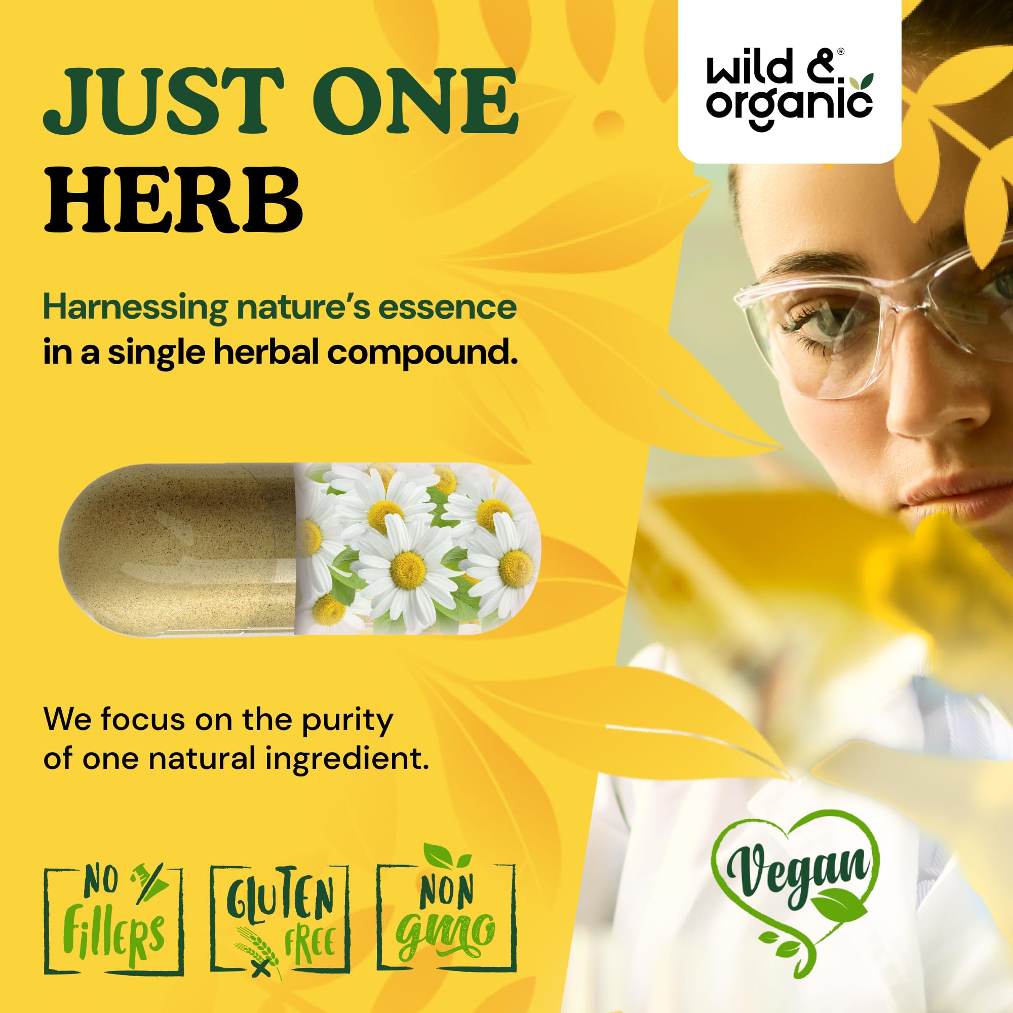 Wild & Organic Chamomile Capsules 800mg bottle on a wooden table