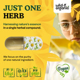 Wild & Organic Chamomile Capsules 800mg bottle on a wooden table