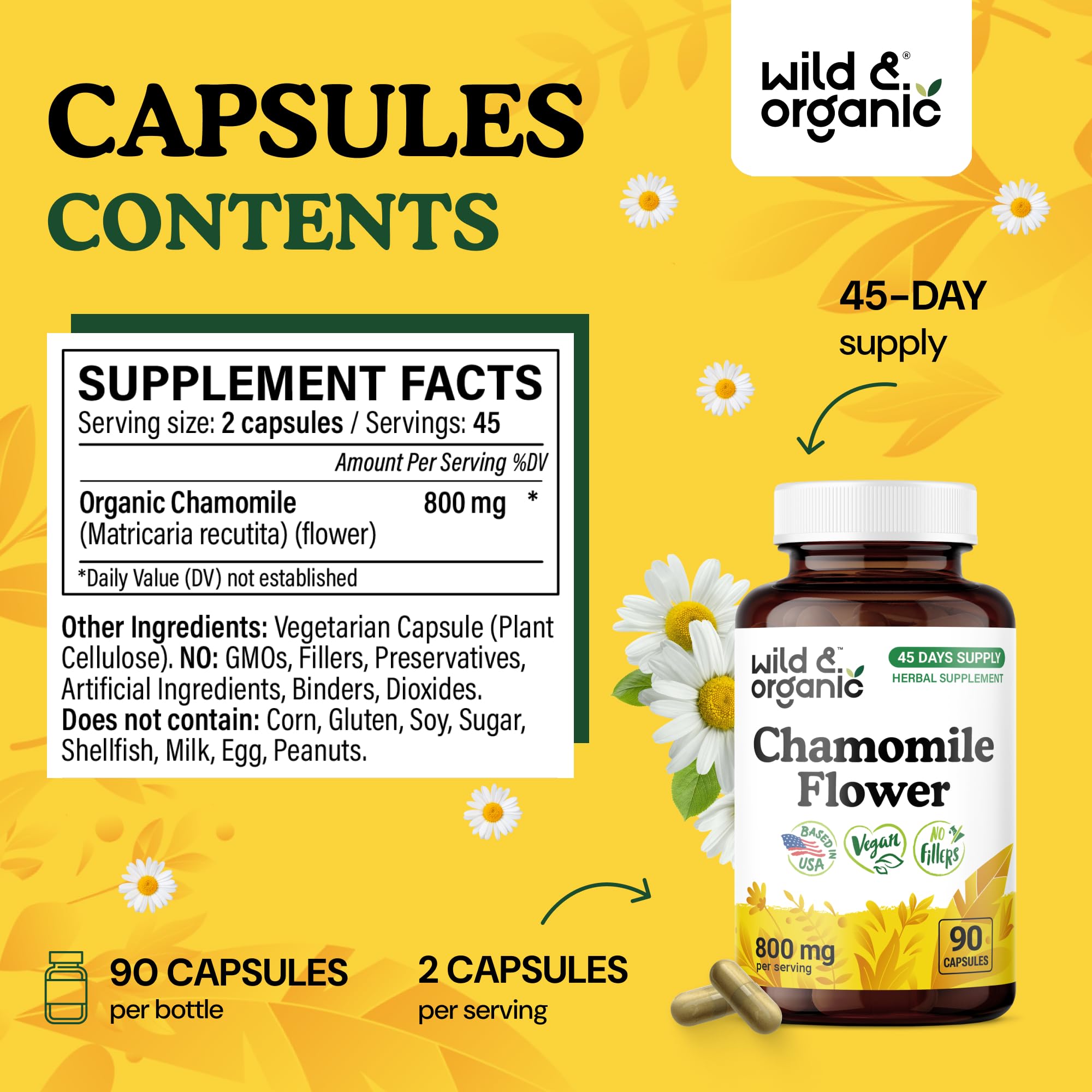 Wild & Organic Chamomile Capsules 800mg capsule close-up