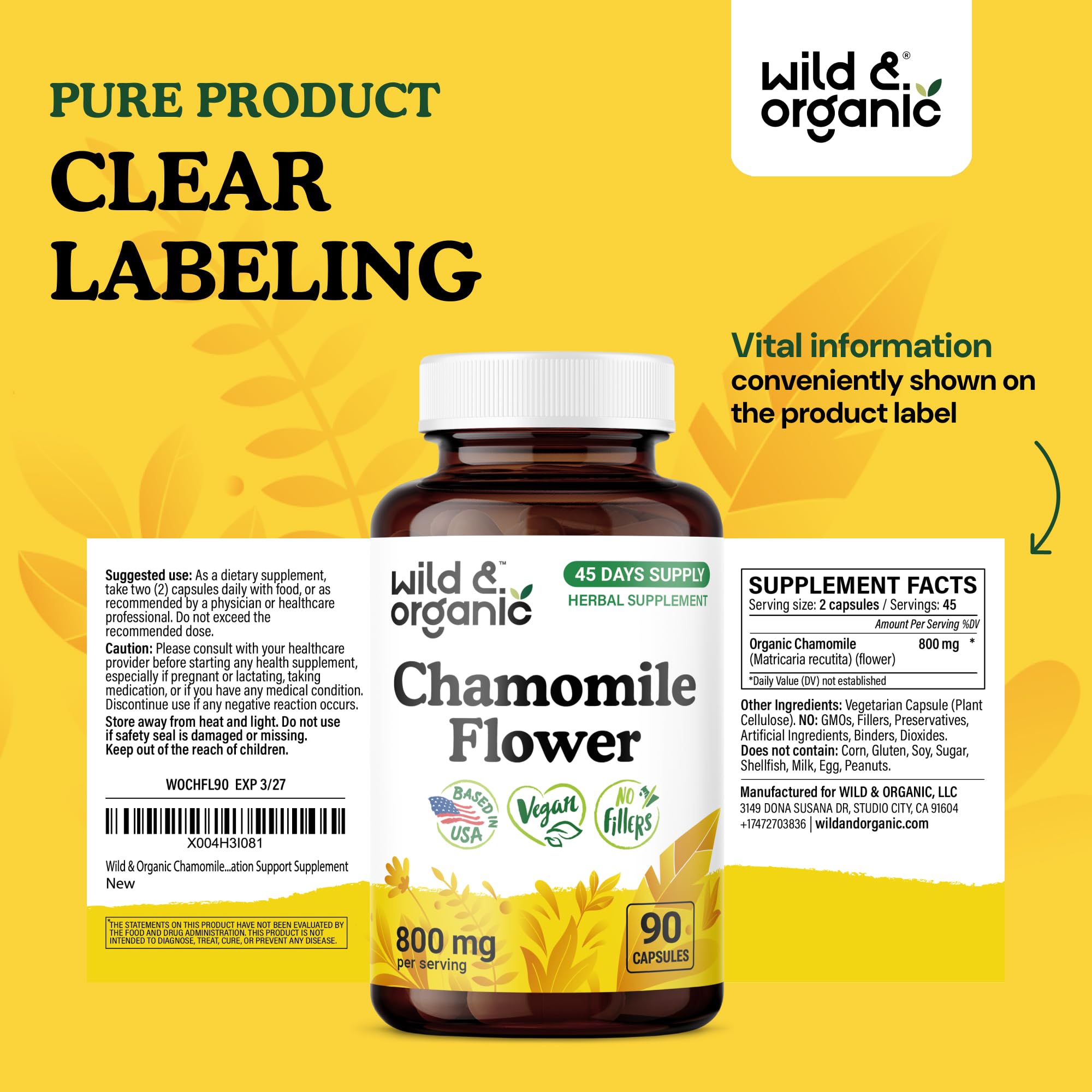Wild & Organic Chamomile Capsules 800mg displayed with a measuring spoon
