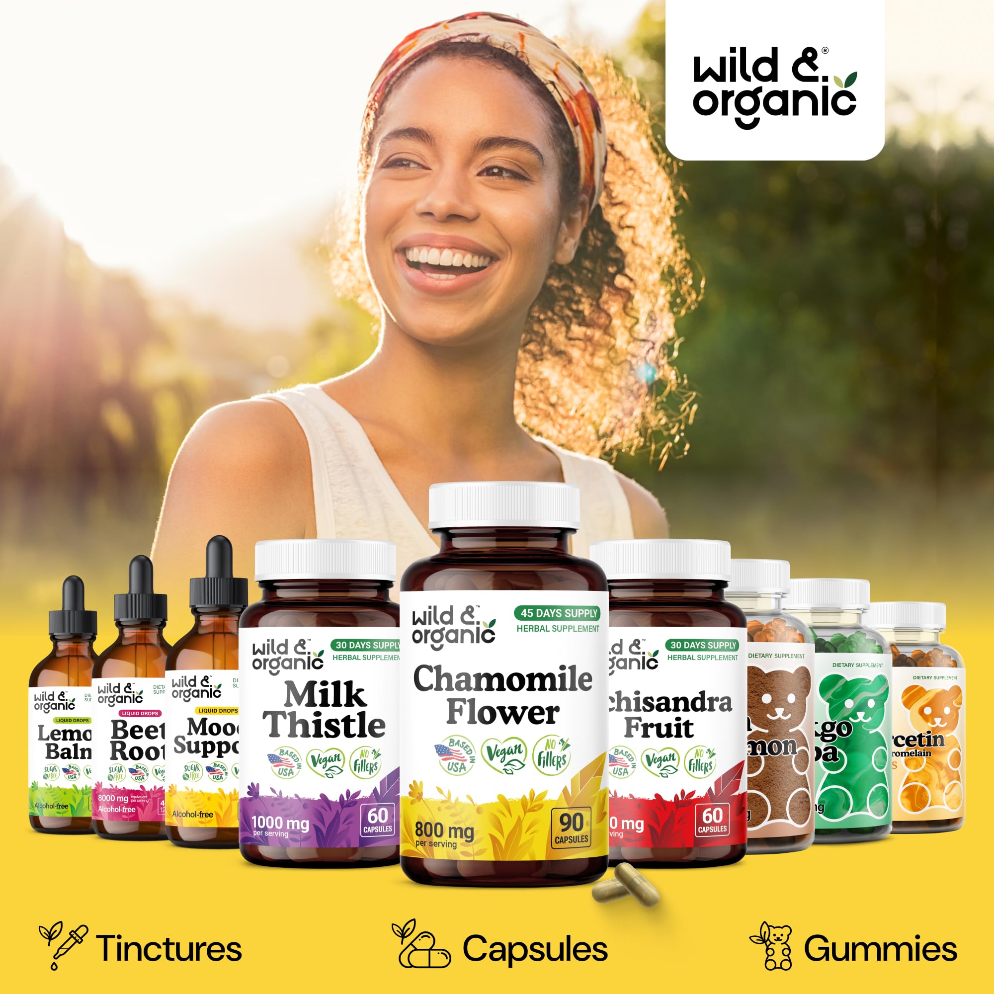 Wild & Organic Chamomile Capsules 800mg with fresh chamomile flowers