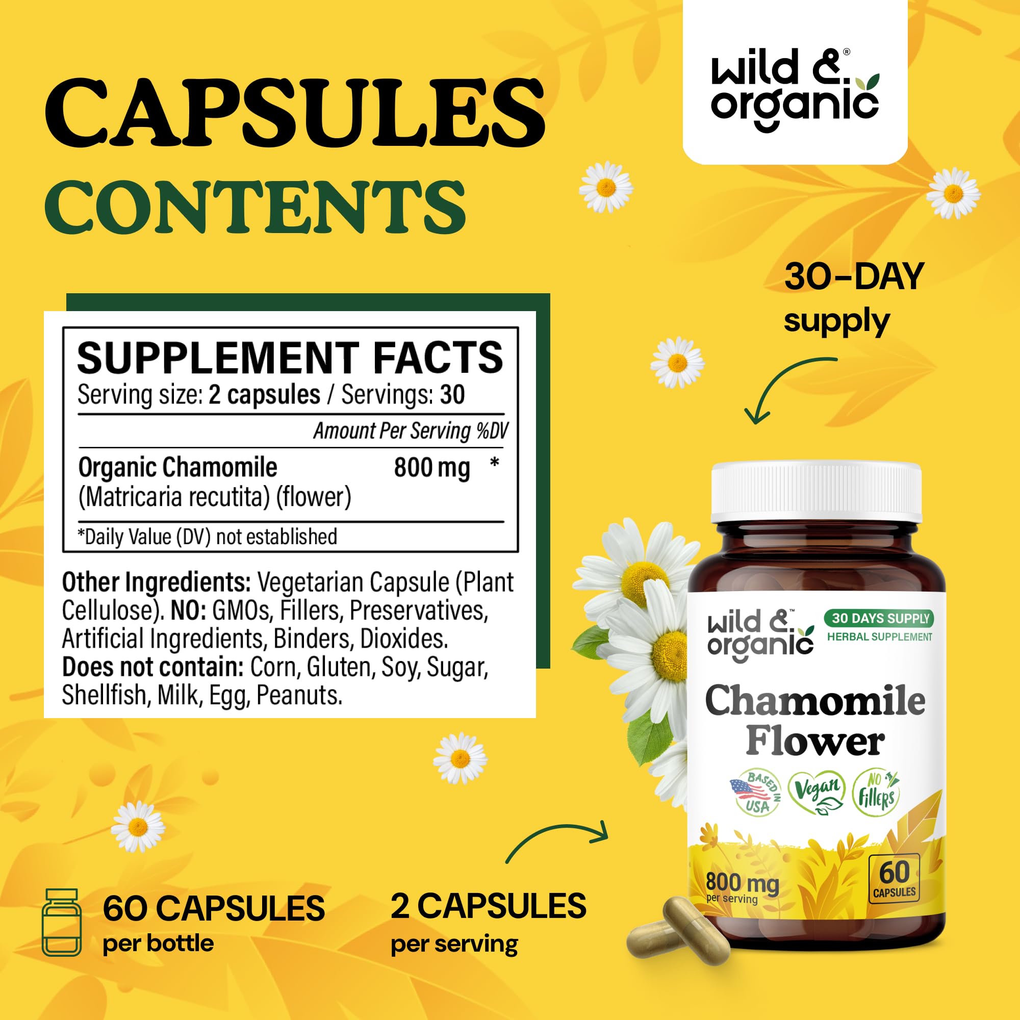 Wild & Organic Chamomile Capsules open bottle showing capsules