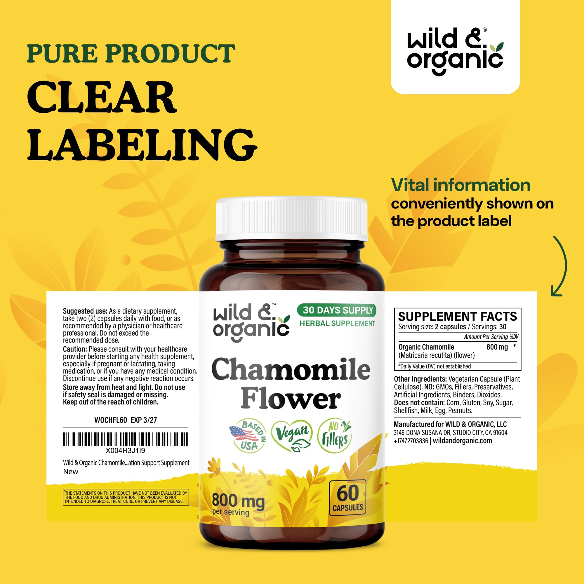 Wild & Organic Chamomile Capsules packaging with dimensions