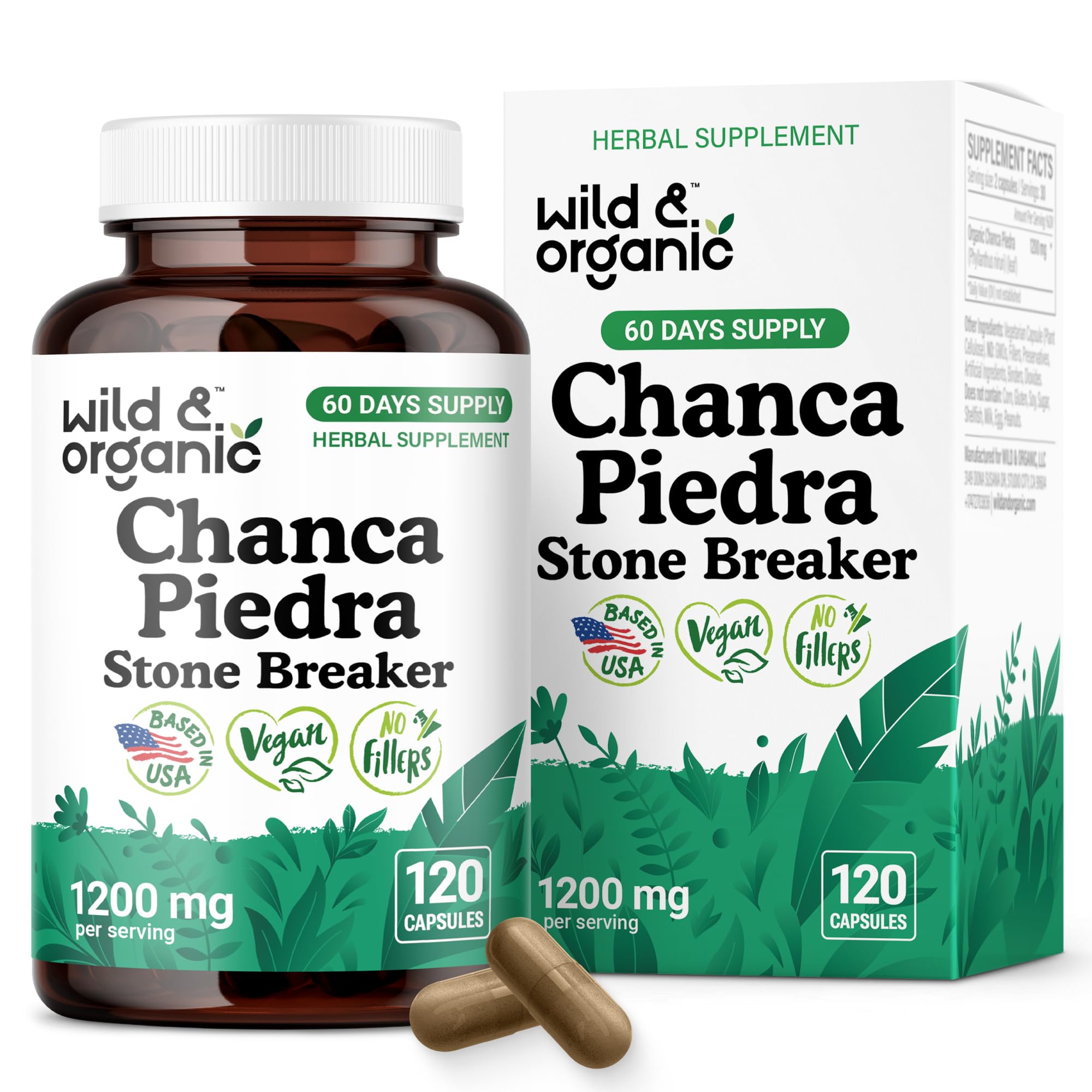 Wild & Organic Chanca Piedra Capsules 1200mg front view