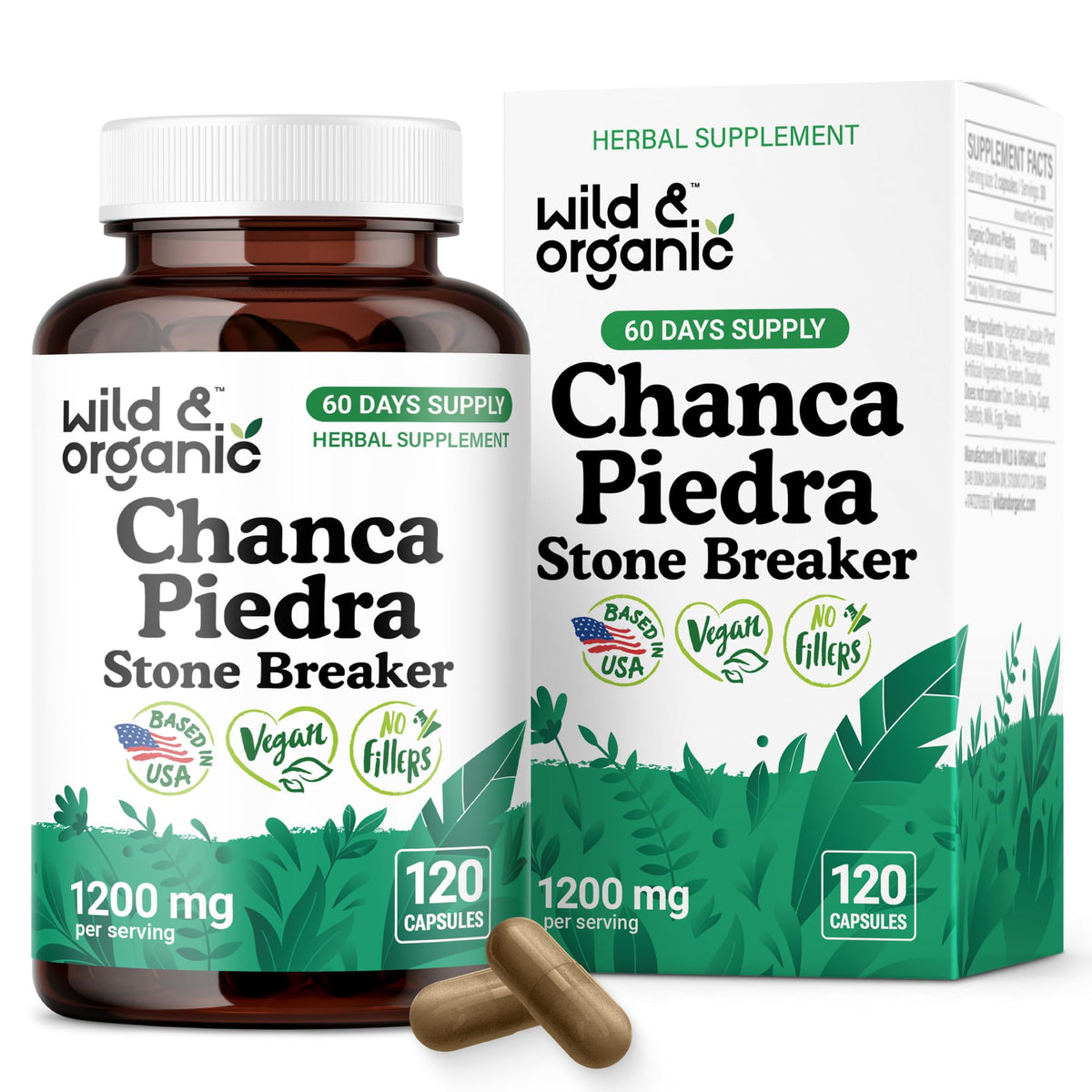 Wild & Organic Chanca Piedra Capsules 1200mg front view