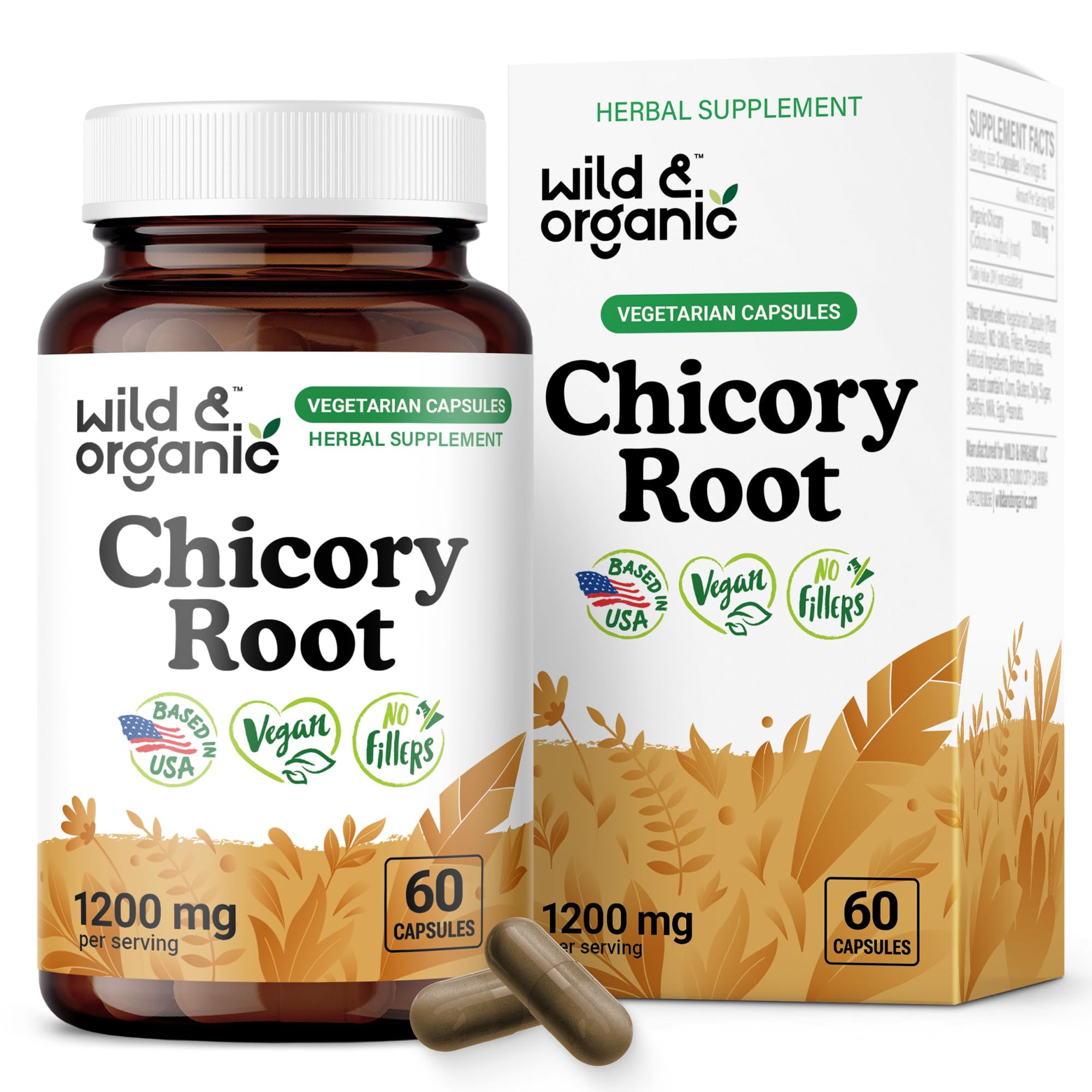 Wild & Organic Chicory Root Inulin Capsules 1200mg front view
