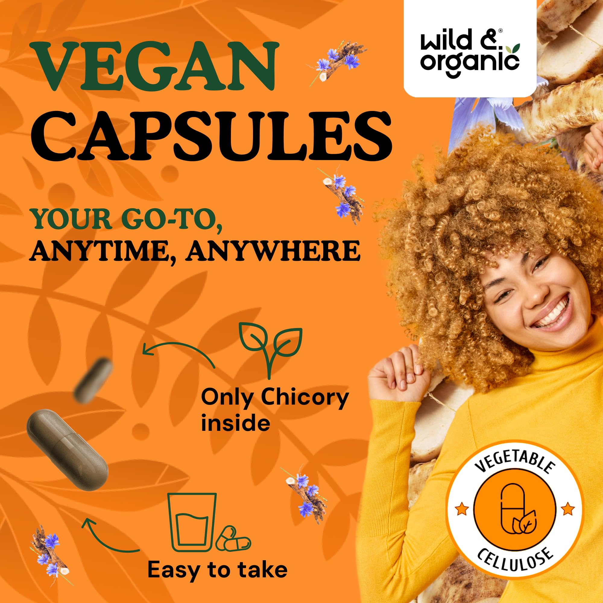 Wild & Organic Chicory Root Inulin Capsules on a wooden table