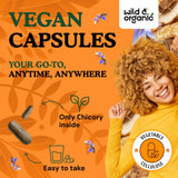 Wild & Organic Chicory Root Inulin Capsules on a wooden table