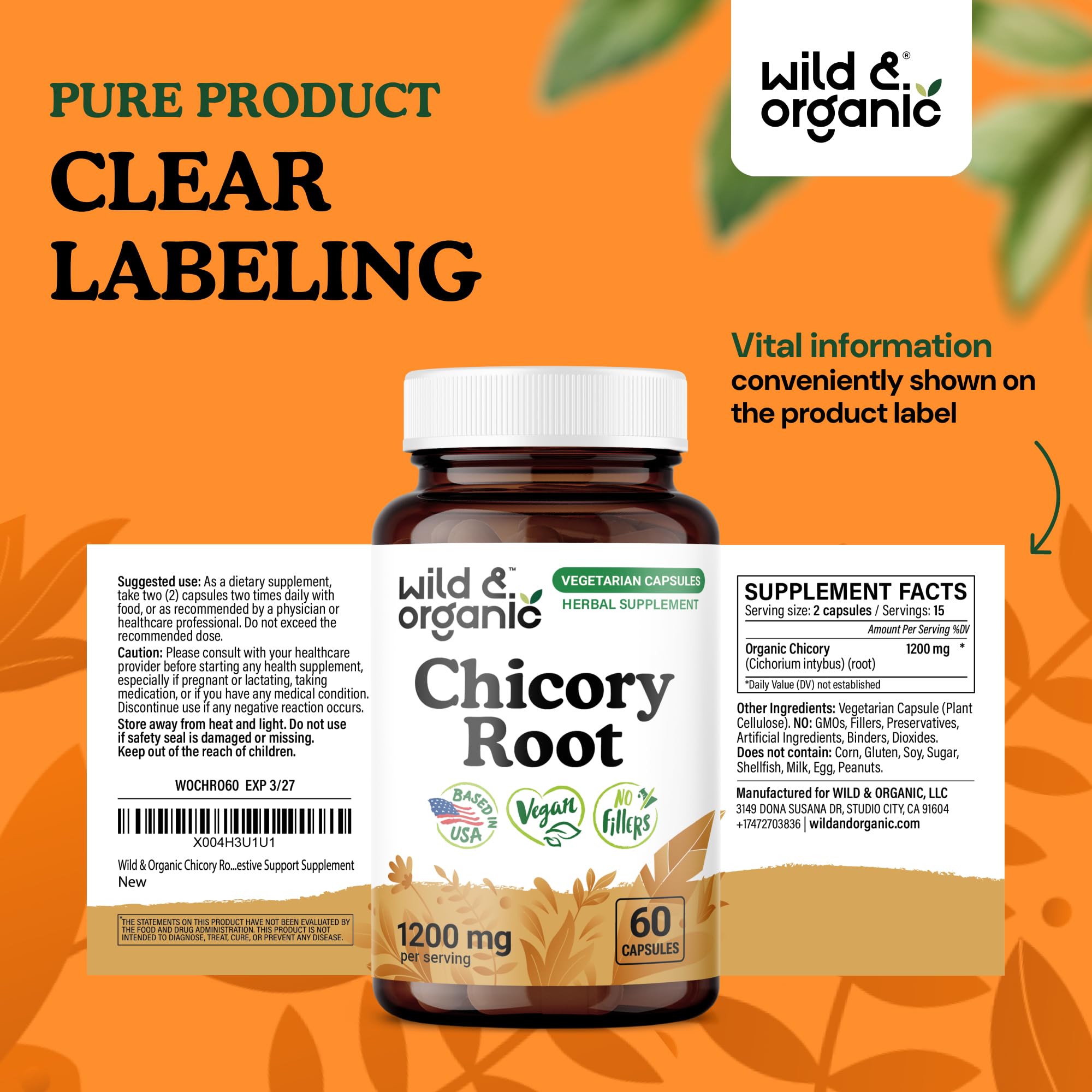 Wild & Organic Chicory Root Inulin Capsules with natural ingredients