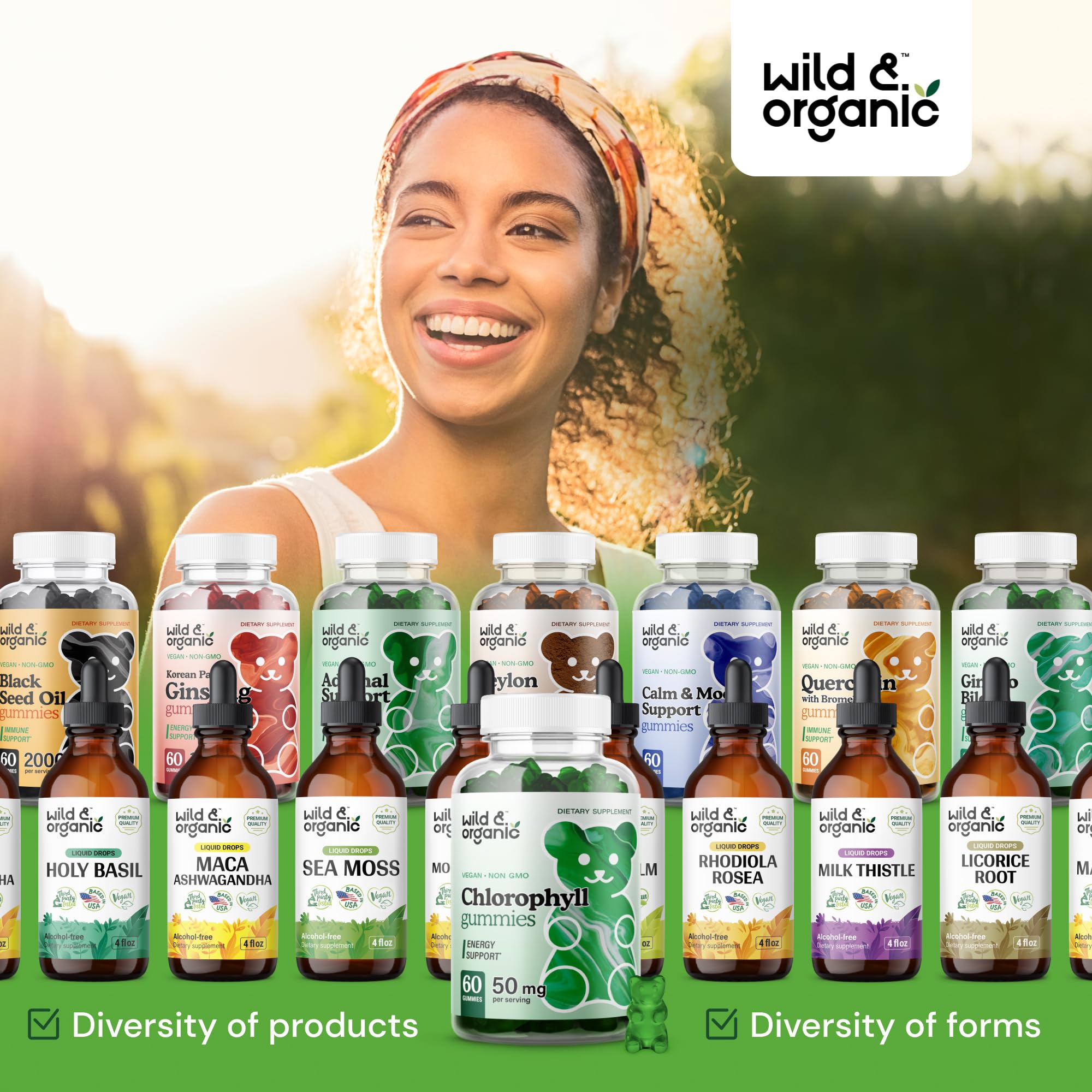 Wild & Organic Chlorophyll Gummies with ingredients displayed