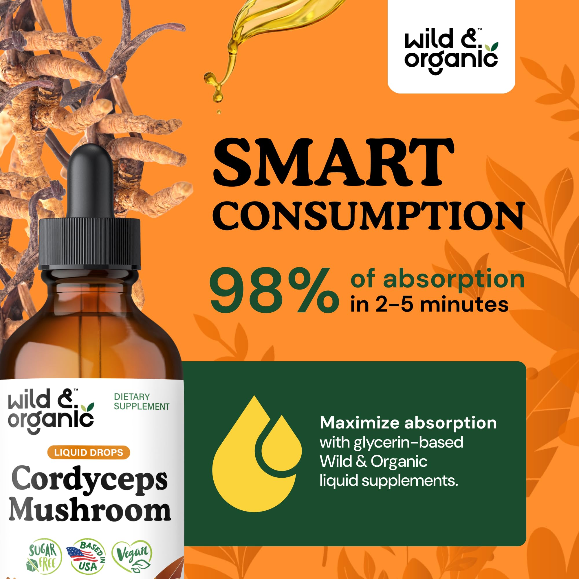 Wild & Organic Cordyceps Mushroom Tincture on a wooden table