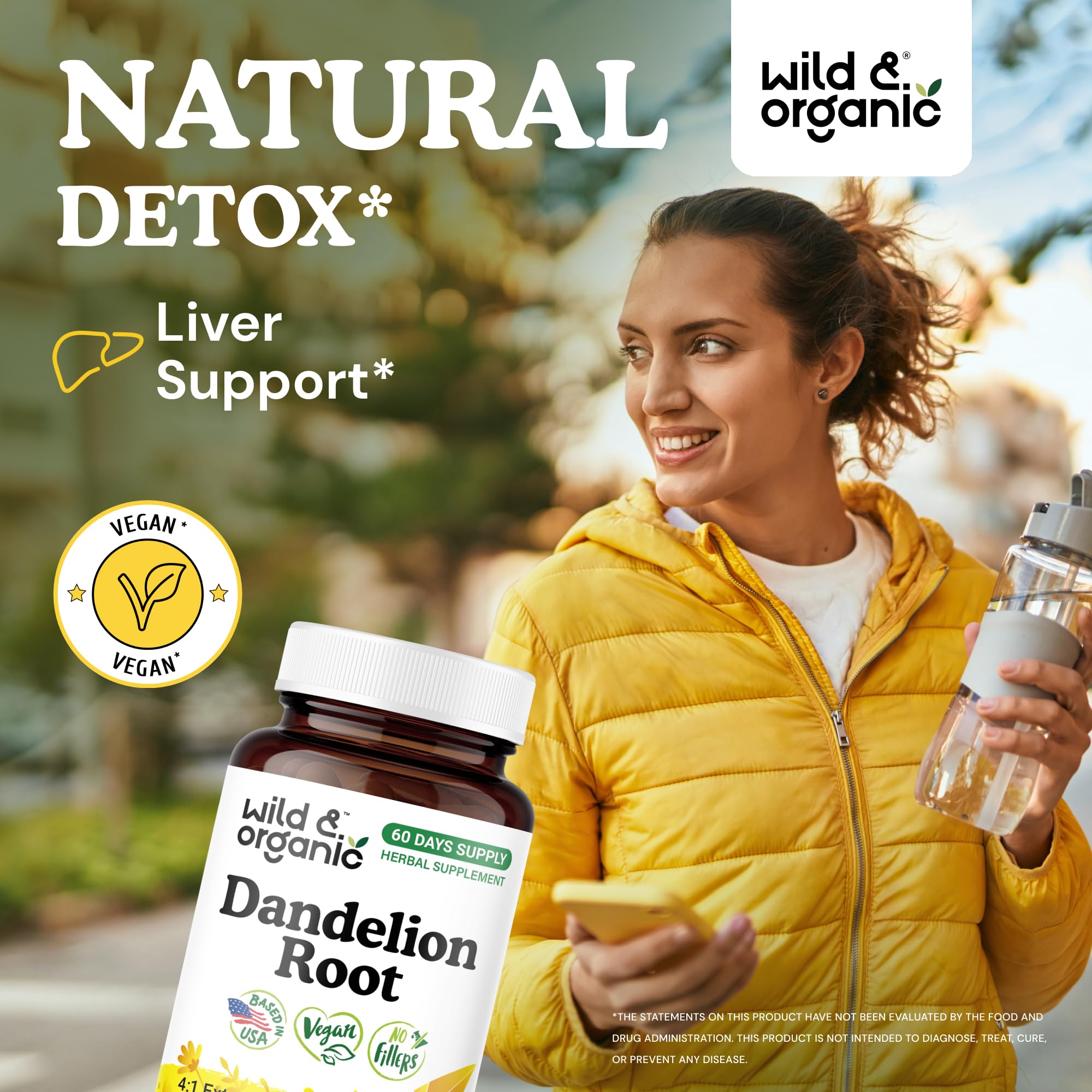 Wild & Organic Dandelion Root Capsules 500mg bottle with label