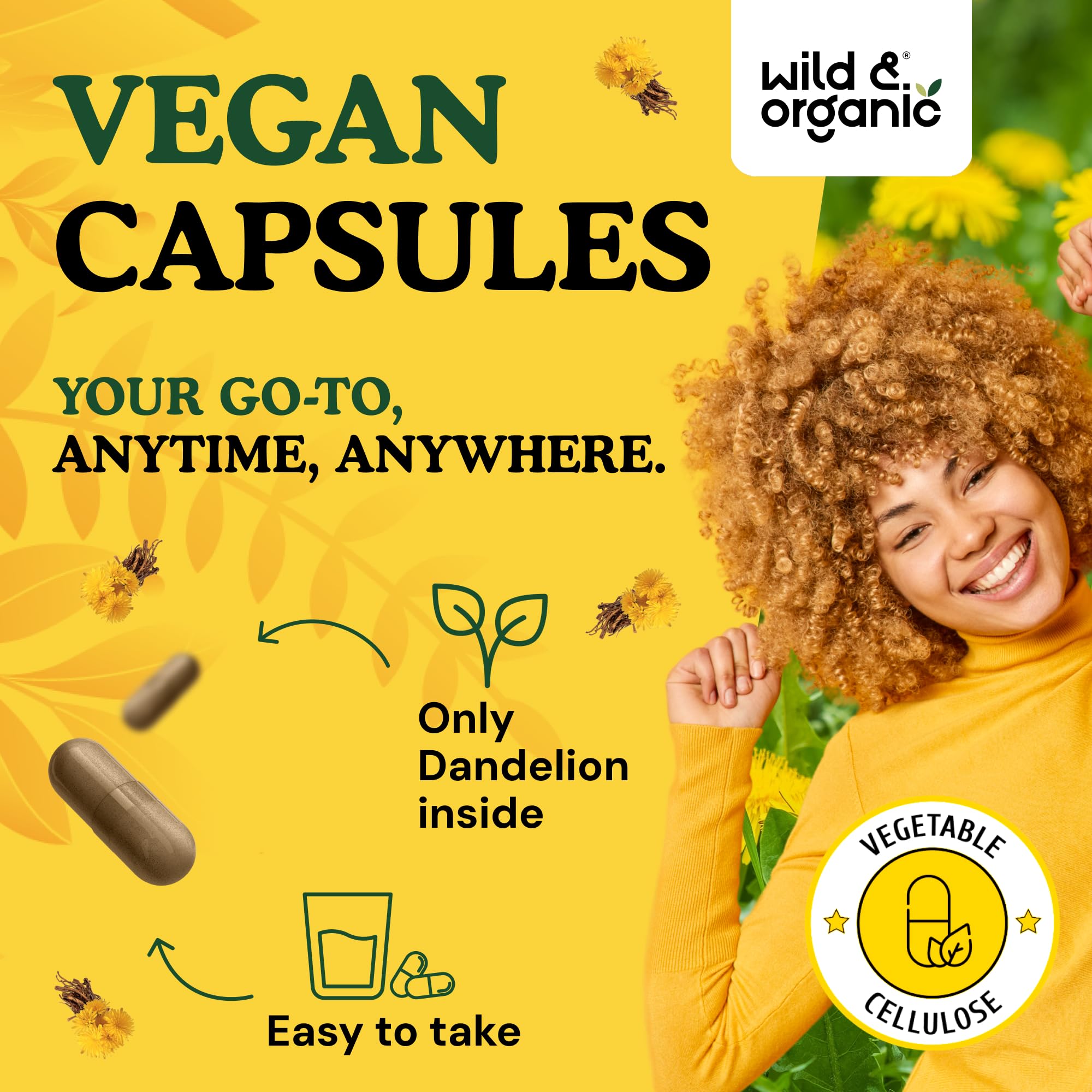 Wild & Organic Dandelion Root Capsules 500mg capsules on a table