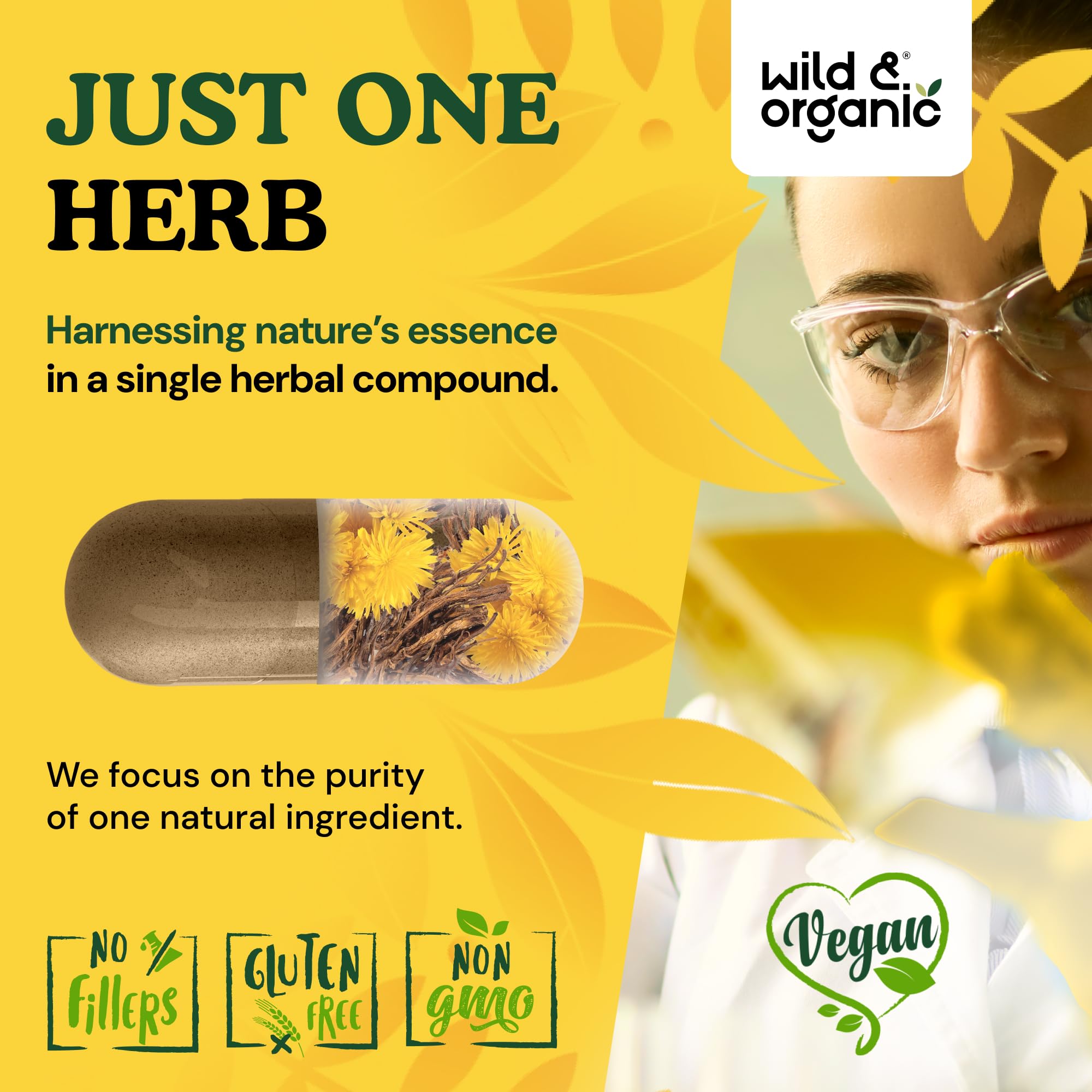 Wild & Organic Dandelion Root Capsules 500mg close-up of capsules