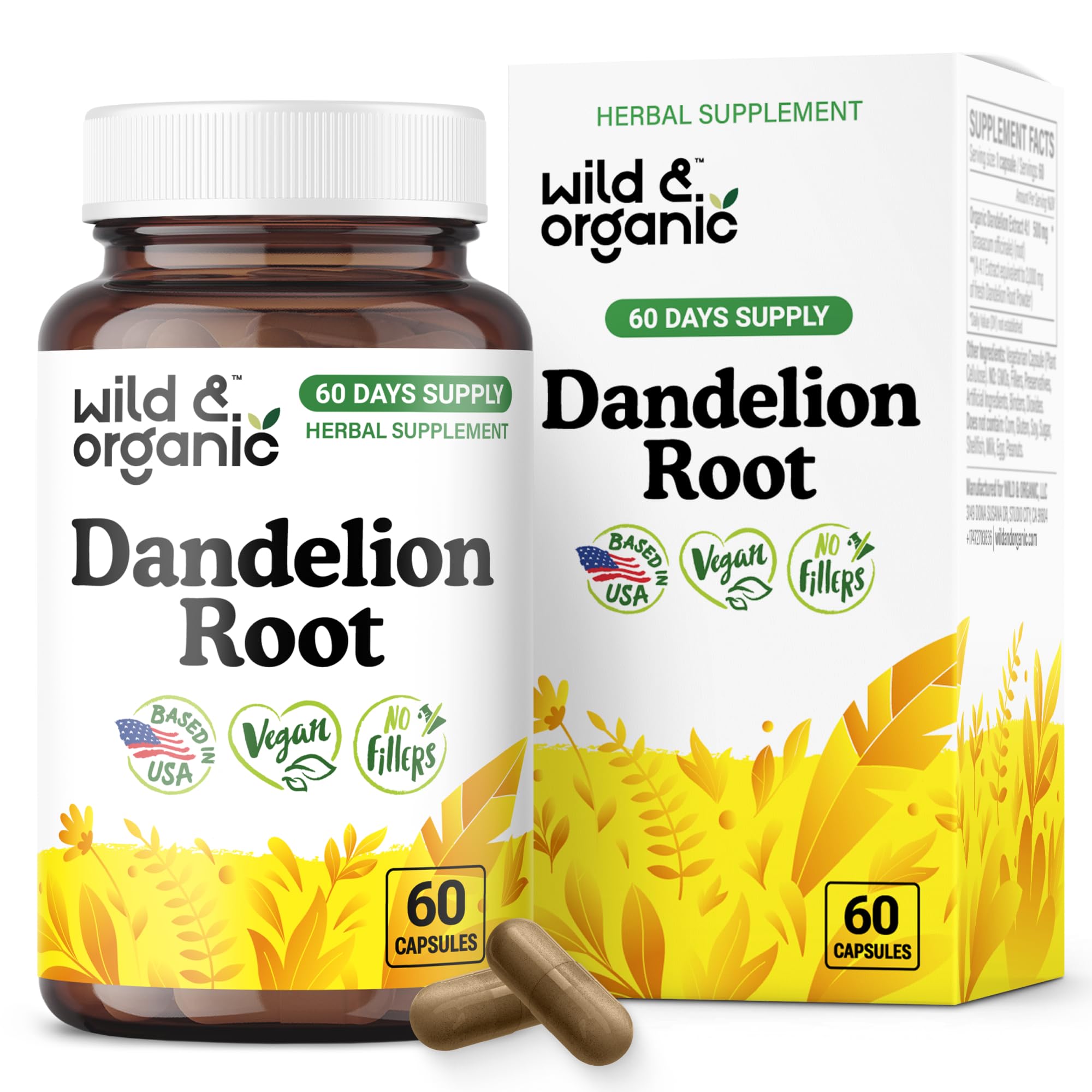 Wild & Organic Dandelion Root Capsules 500mg front view