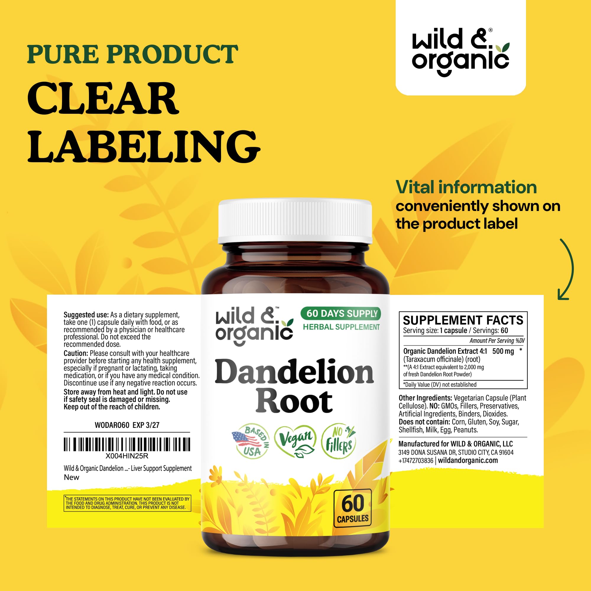 Wild & Organic Dandelion Root Capsules 500mg with natural background