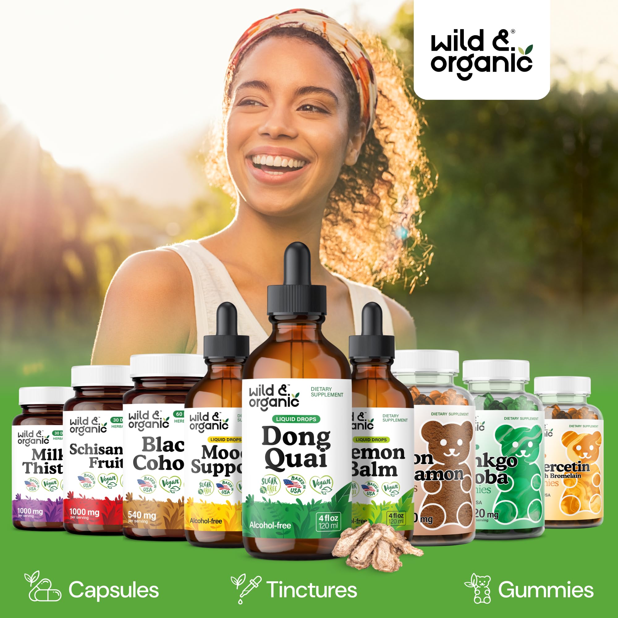 Wild & Organic Dong Quai bottle with a natural background