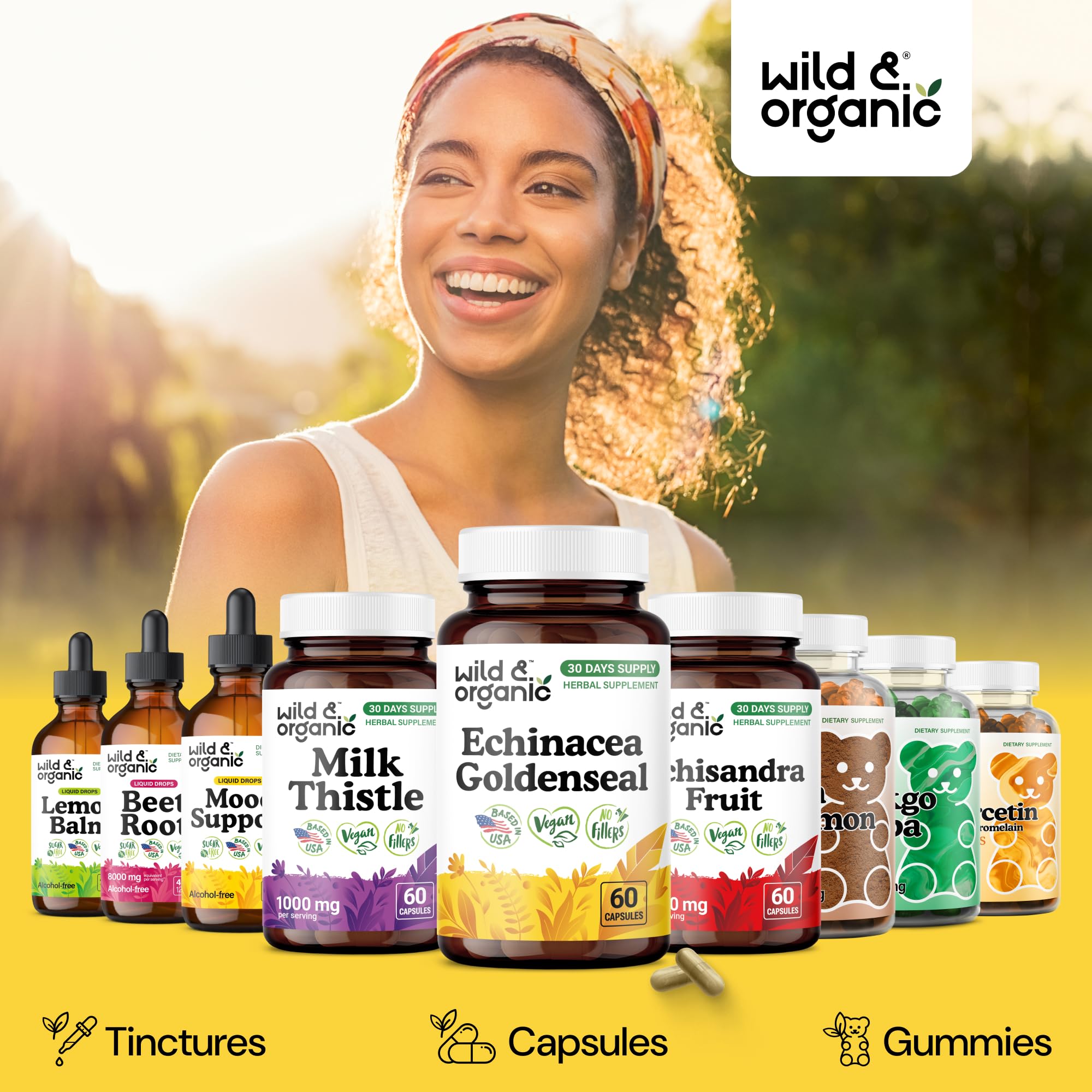 Wild & Organic Echinacea and Goldenseal Capsules on a wooden table