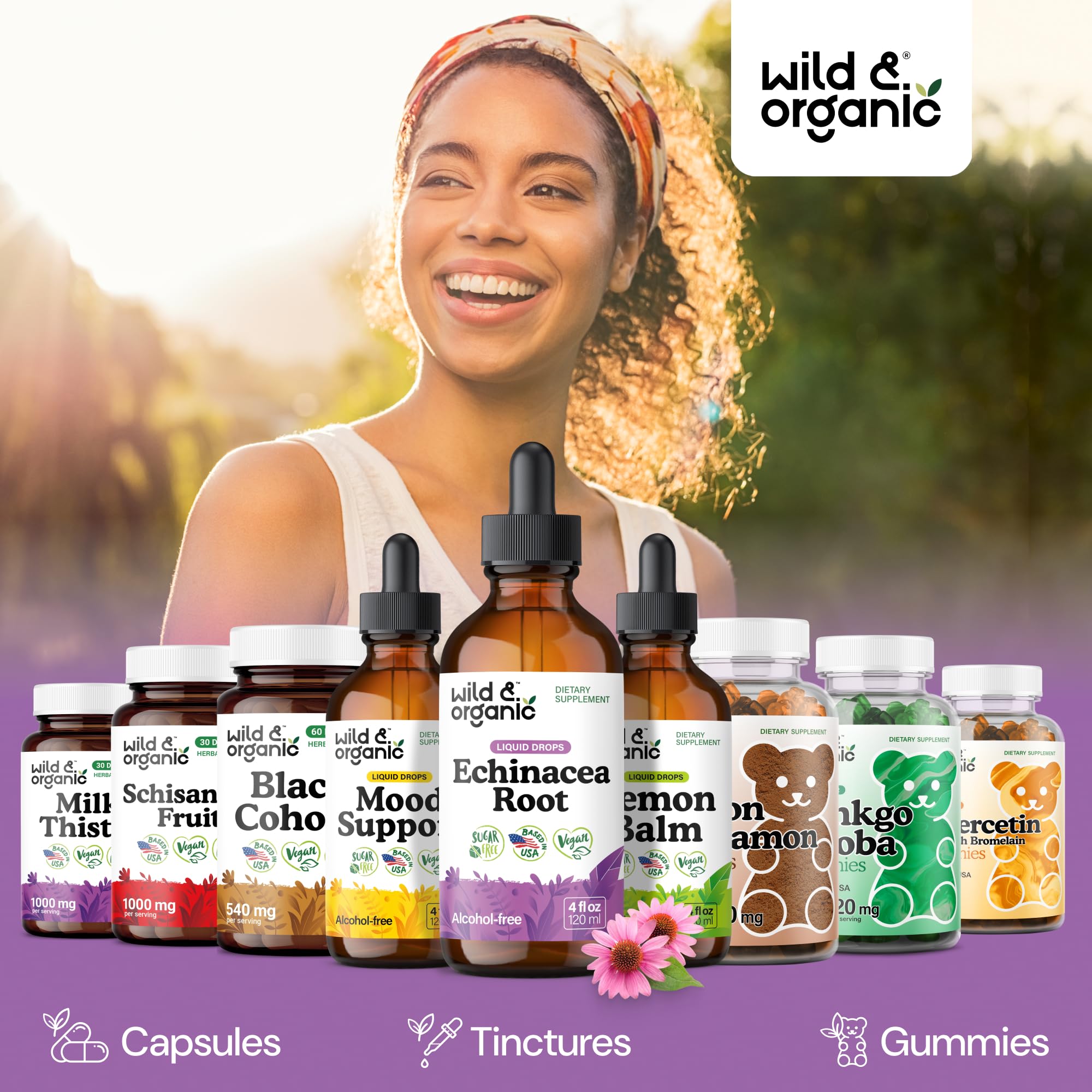 Wild & Organic Echinacea Tincture 500mg with herbal background