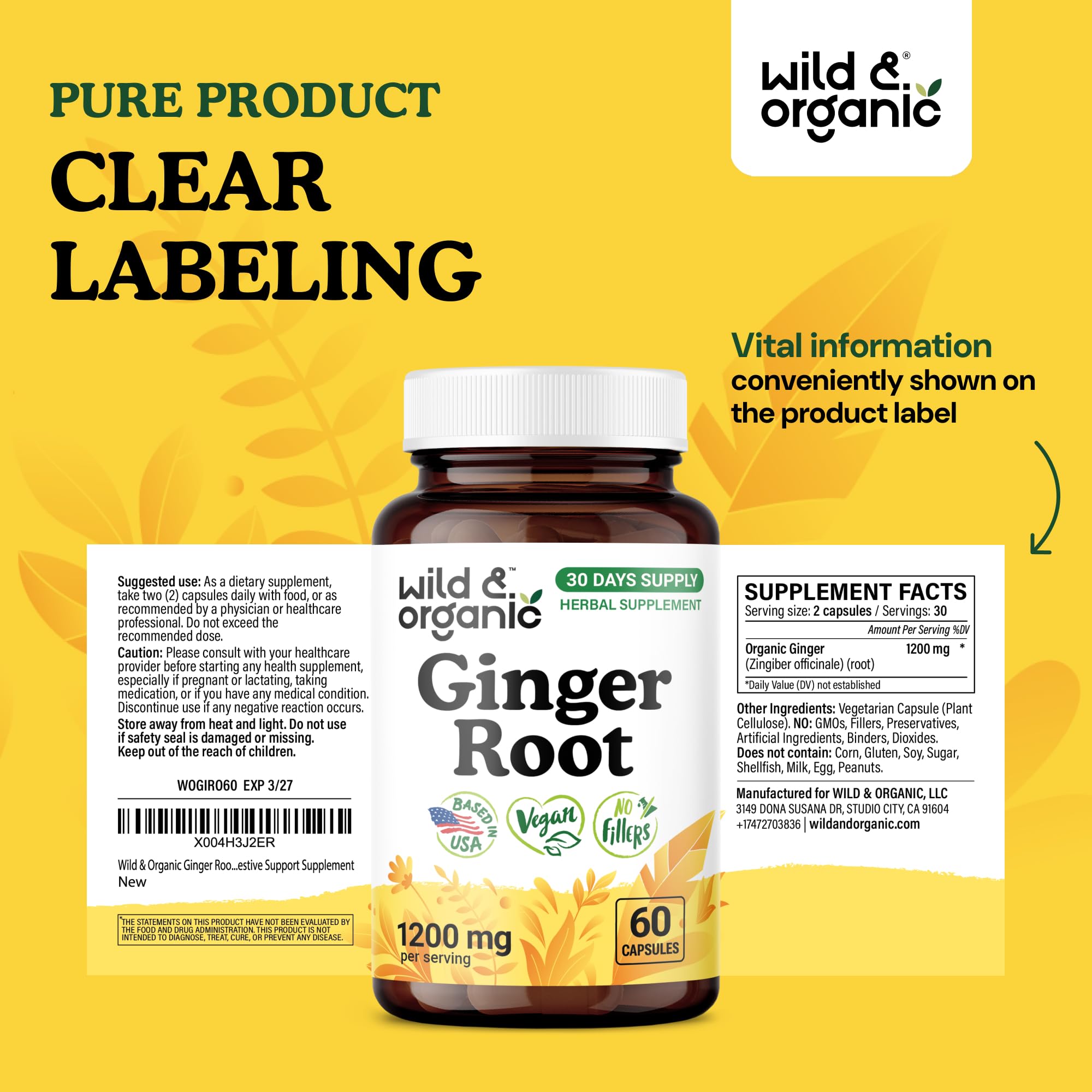 Wild & Organic Ginger Root Capsules 1200mg bottle top view