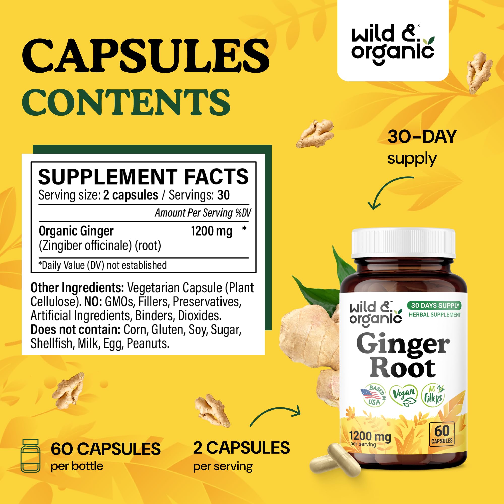 Wild & Organic Ginger Root Capsules 1200mg capsules close-up