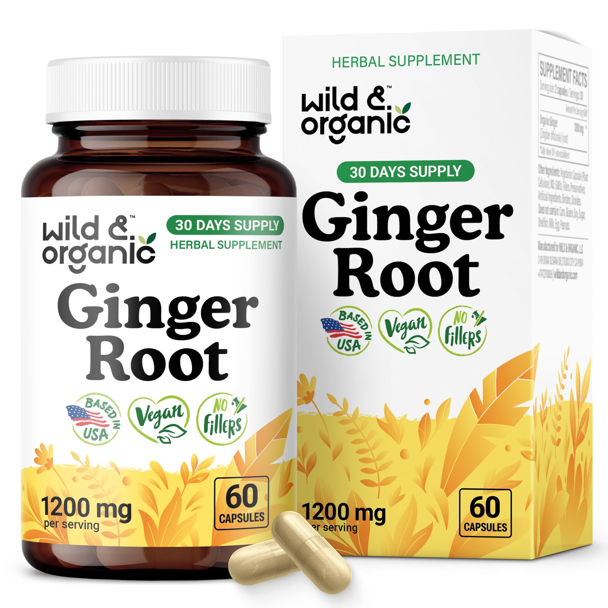 Wild & Organic Ginger Root Capsules 1200mg front view