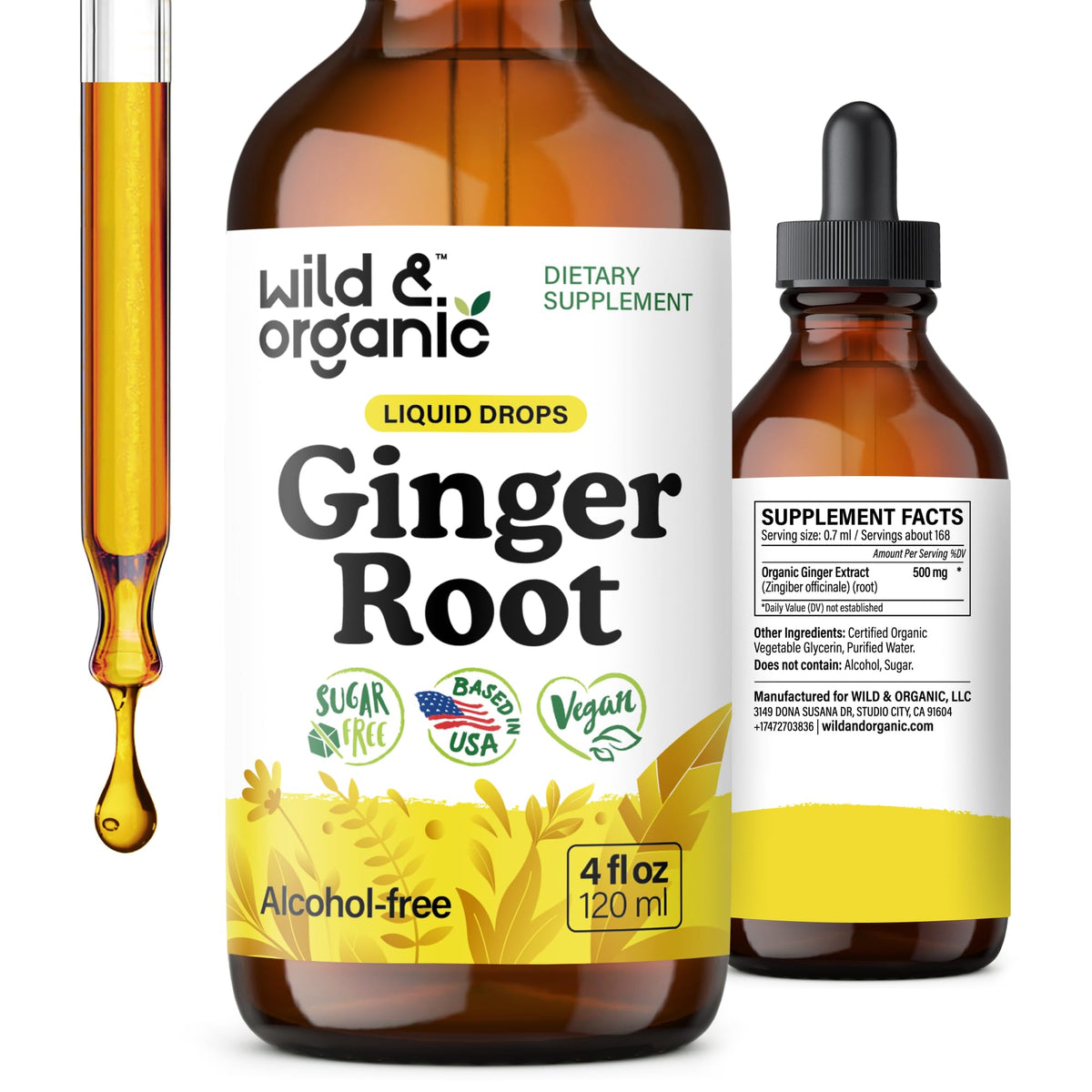 Wild & Organic Ginger Root Drops 500mg front view