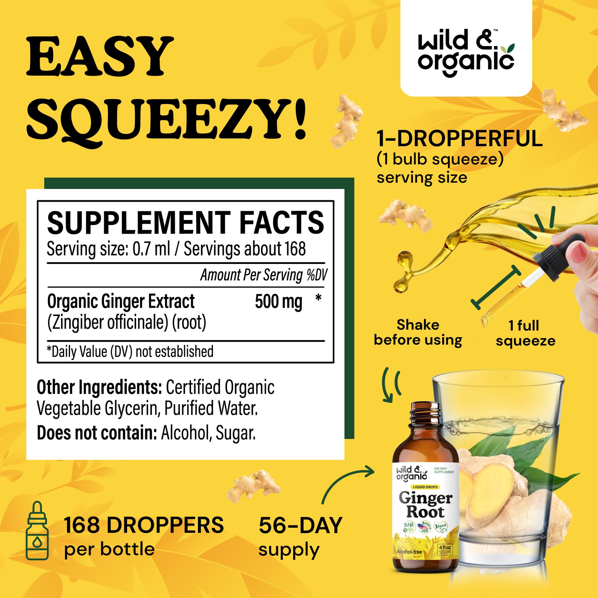 Wild & Organic Ginger Root Drops 500mg label close-up