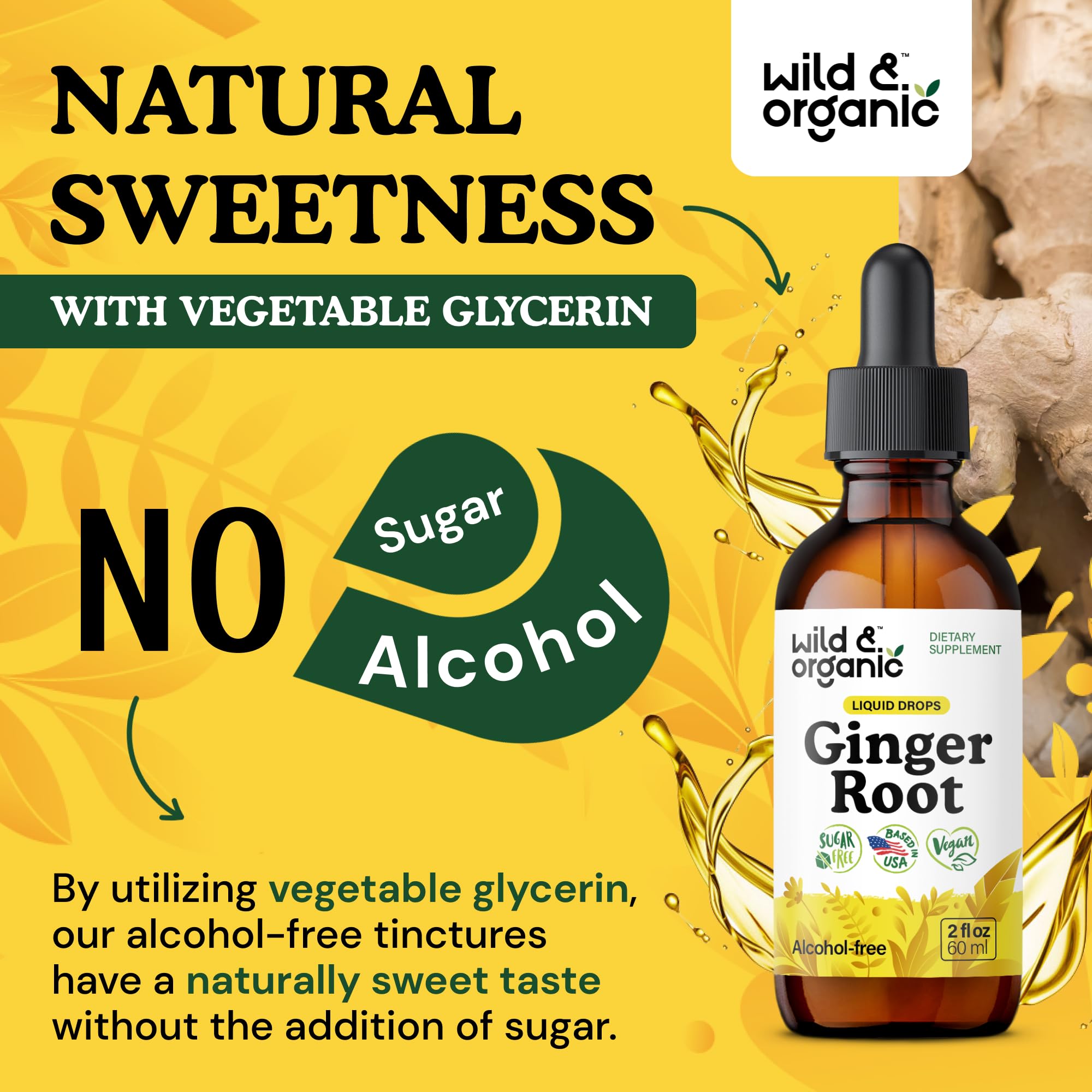 Wild & Organic Ginger Root Extract Drops on wooden table