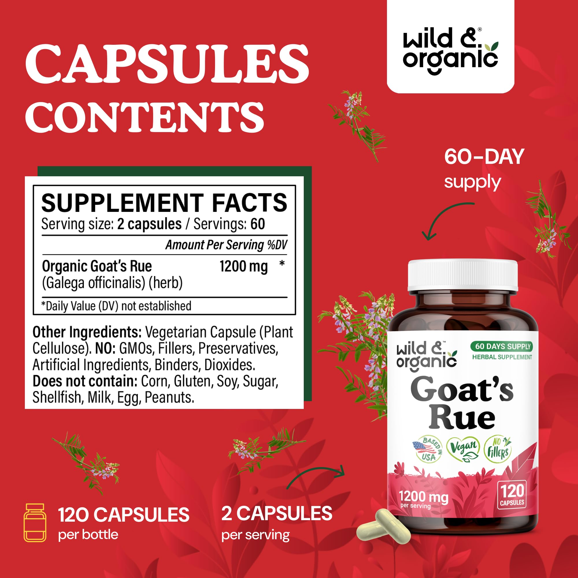 Wild & Organic Goat's Rue Capsules with two capsules on a wooden table