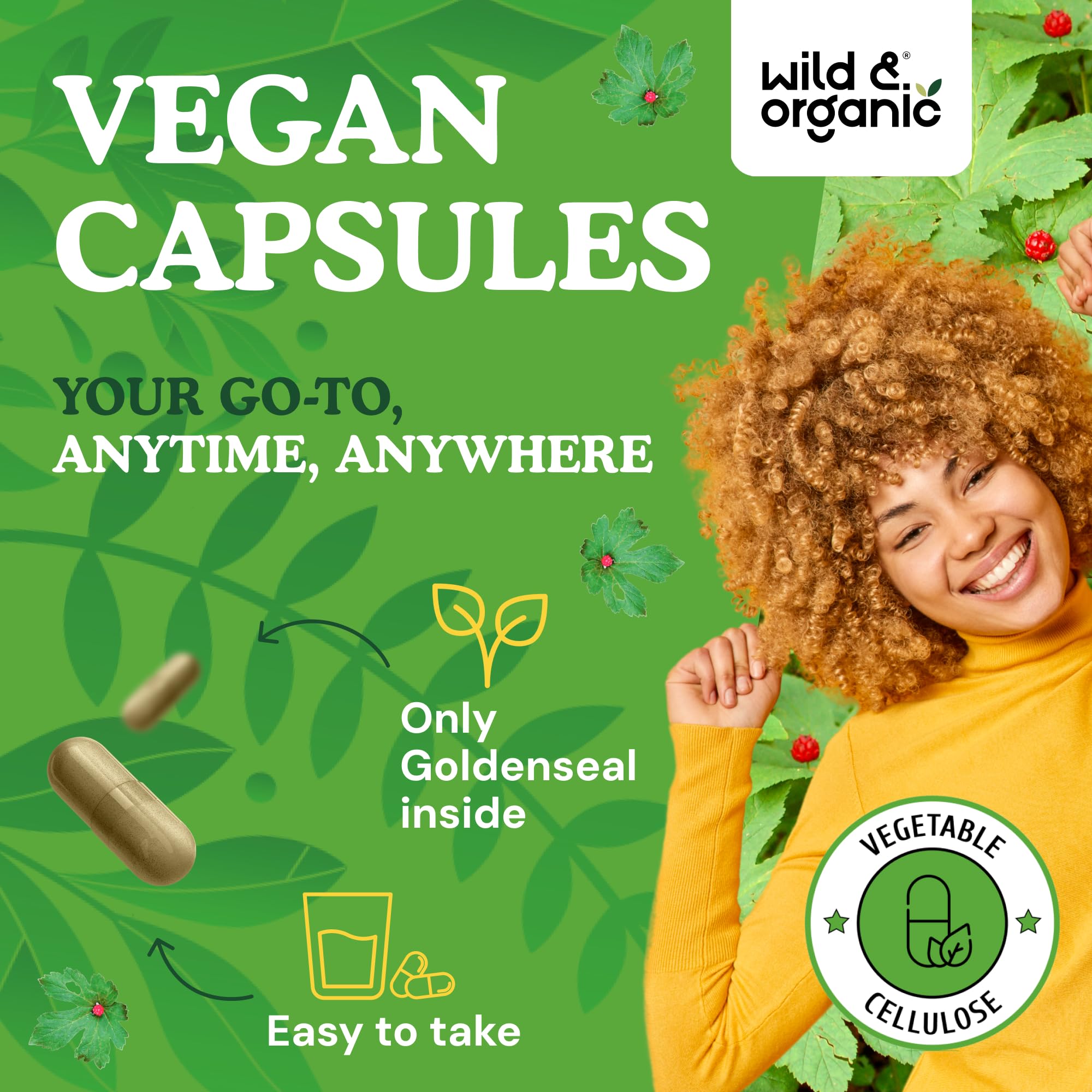 Wild & Organic Goldenseal Root Capsules 1000mg bottle with cap open