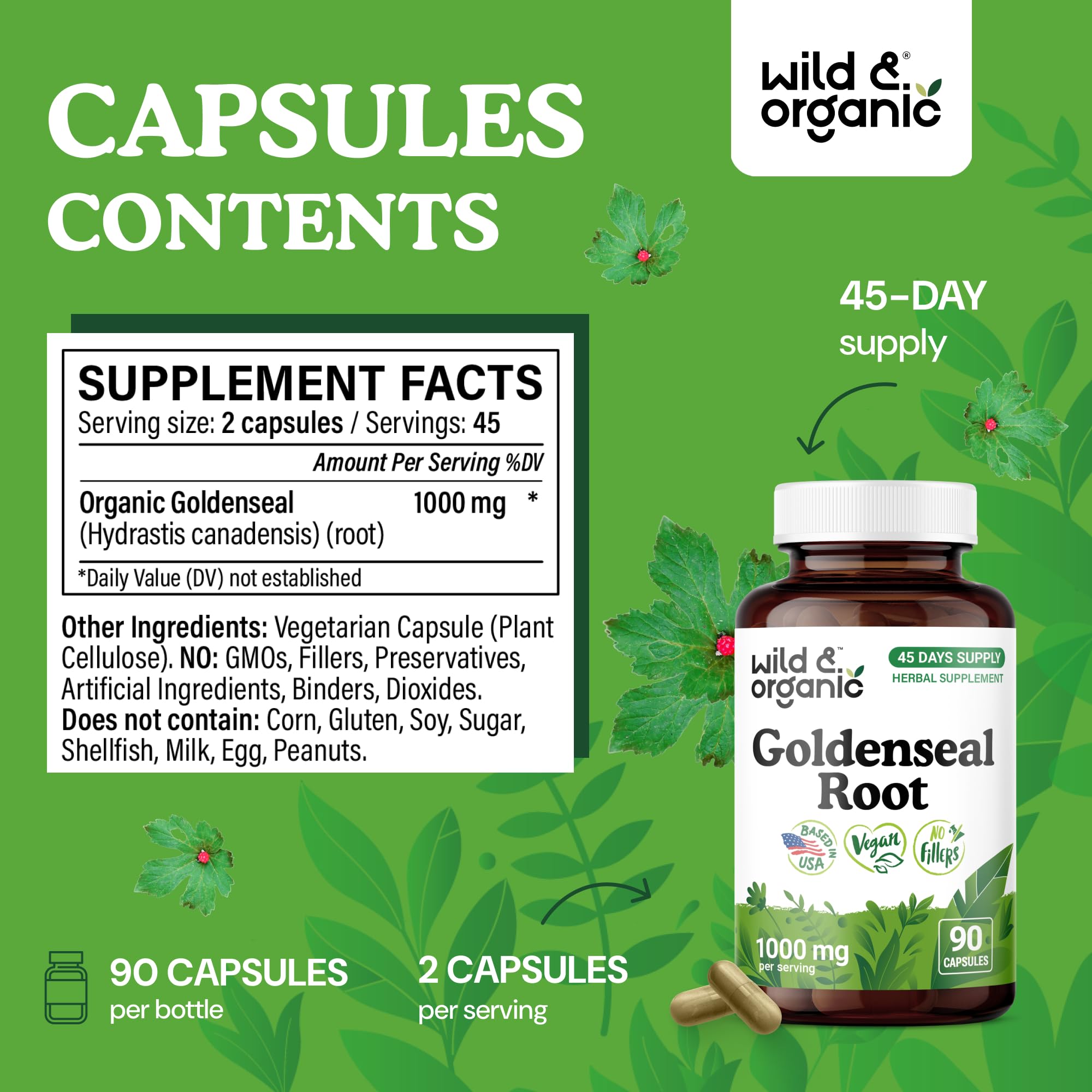 Wild & Organic Goldenseal Root Capsules 1000mg capsules close-up