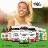 Wild & Organic Goldenseal Root Capsules 1000mg on a wooden table