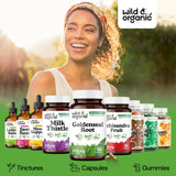 Wild & Organic Goldenseal Root Capsules 1000mg on a wooden table