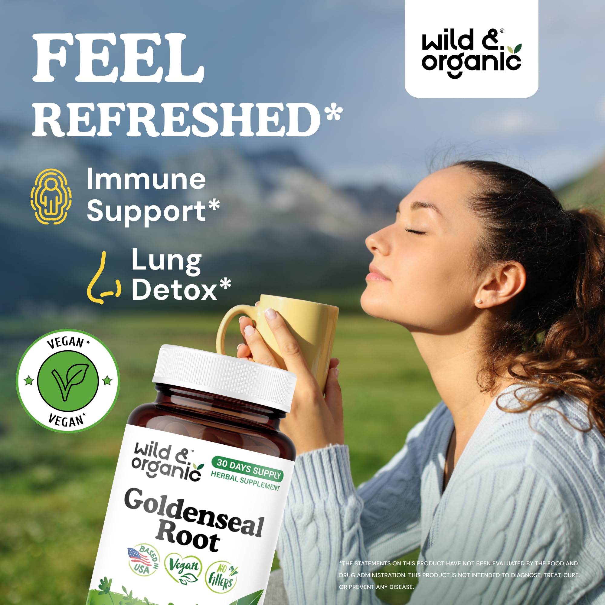 Wild & Organic Goldenseal Root Capsules 1000mg side view