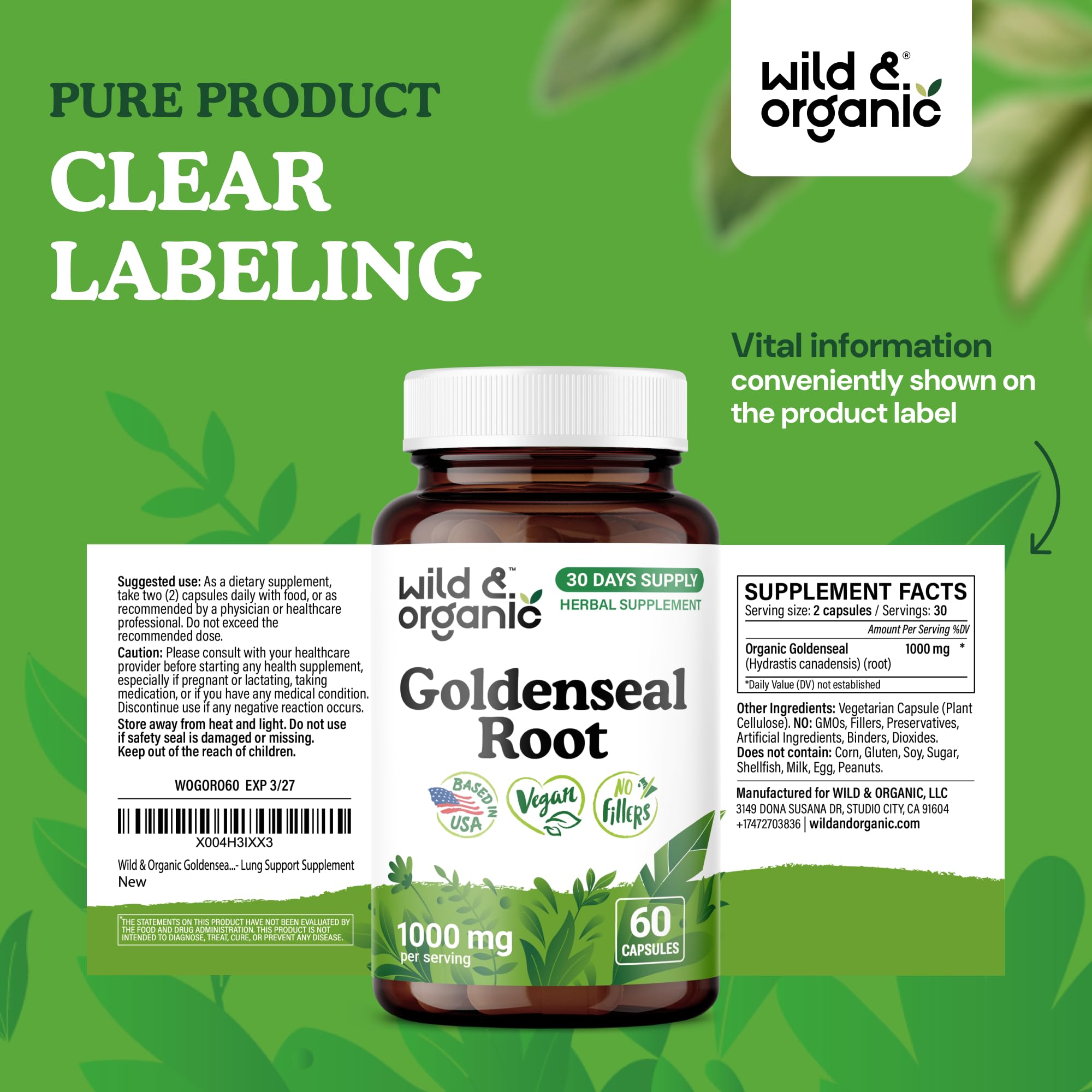 Wild & Organic Goldenseal Root Capsules 1000mg with a measuring spoon