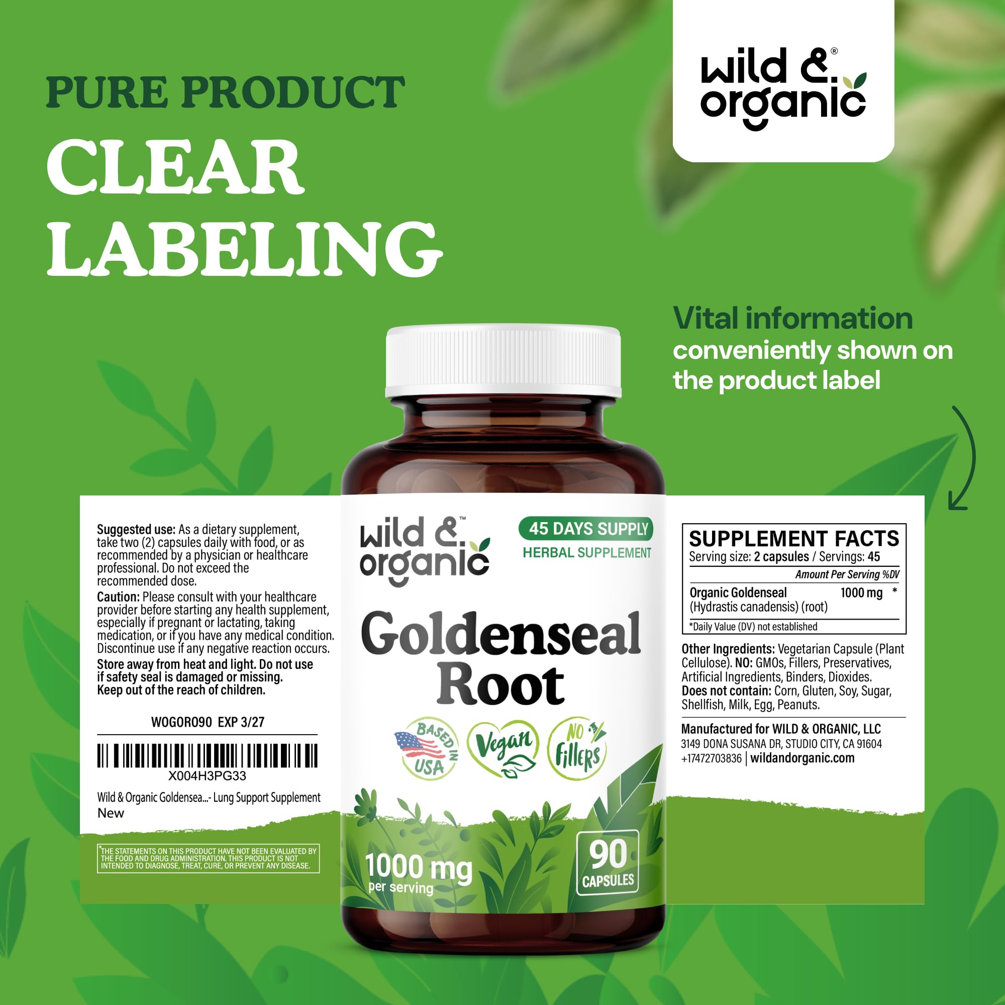 Wild & Organic Goldenseal Root Capsules 1000mg with measuring spoon
