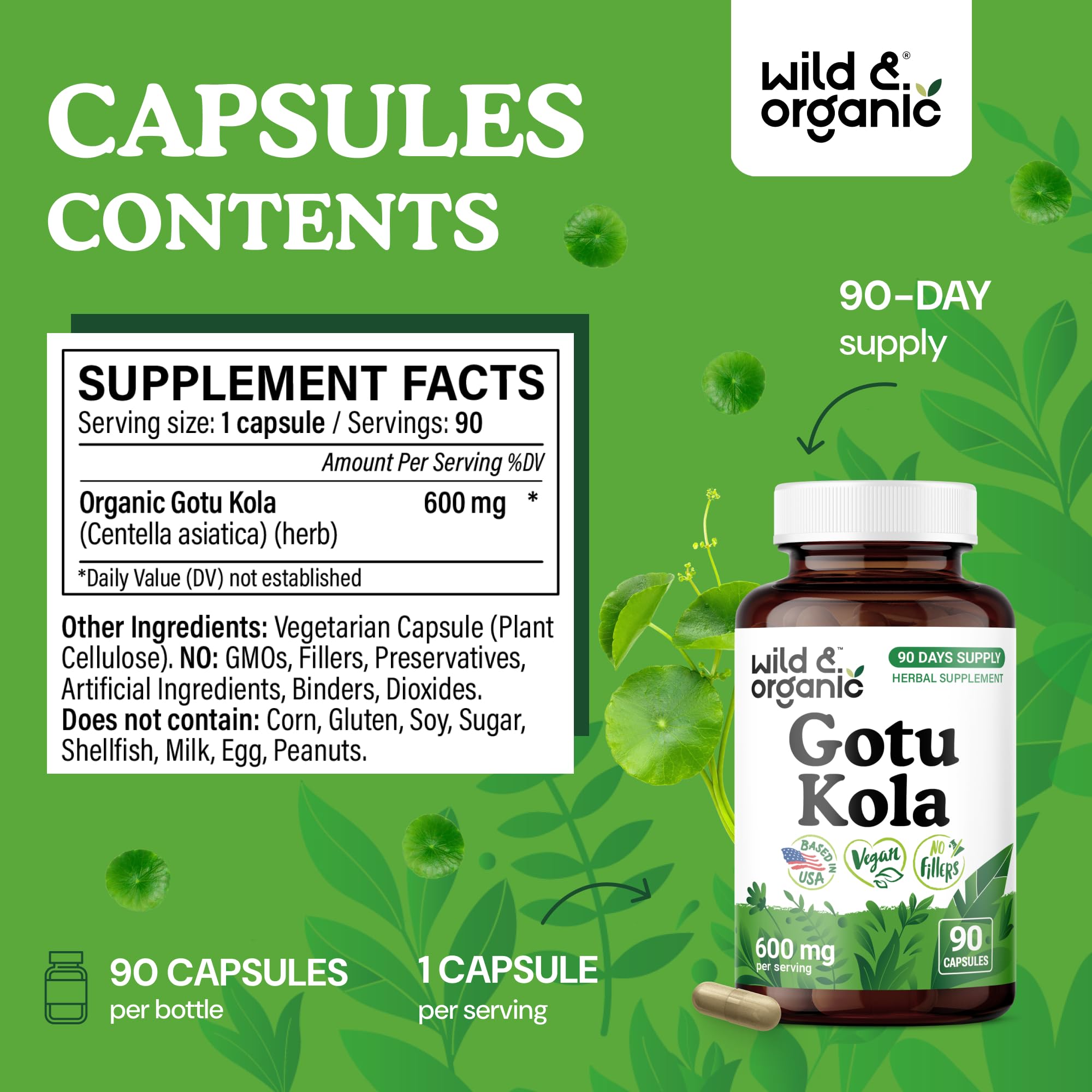 Wild & Organic Gotu Kola Capsules side view showing details