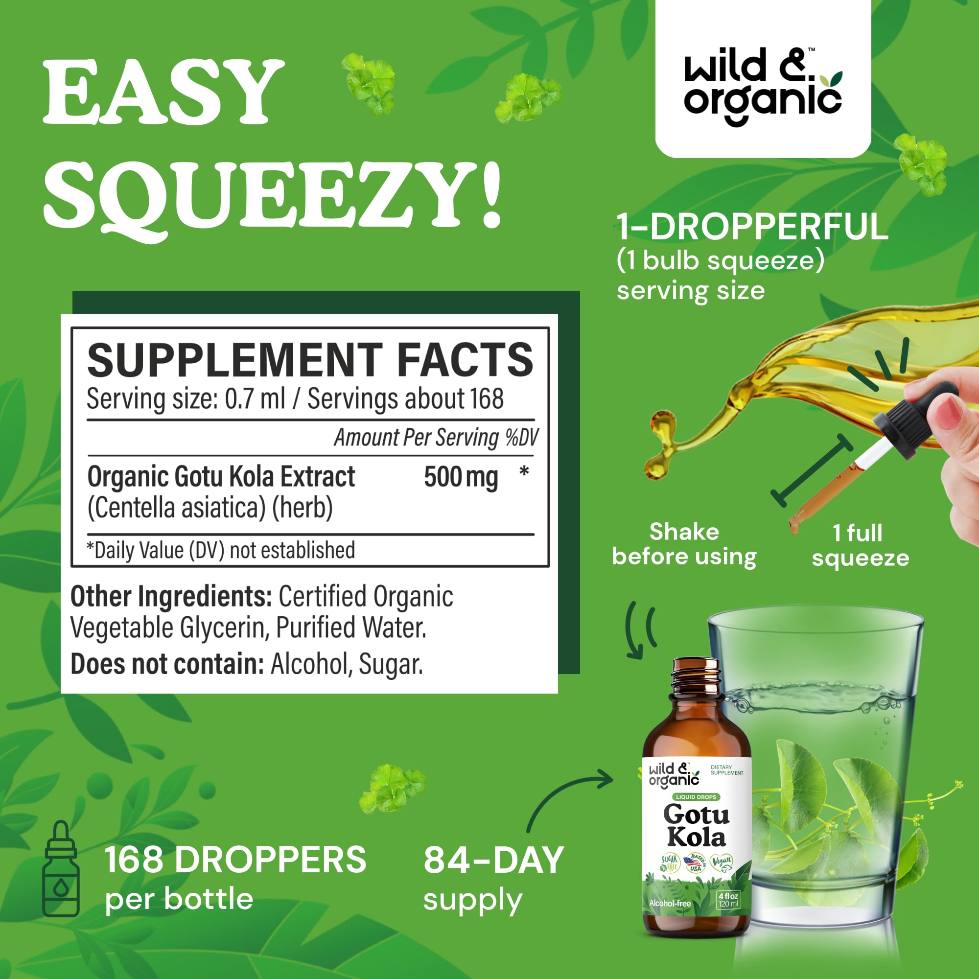 Wild & Organic Gotu Kola Tincture 500mg with dropper