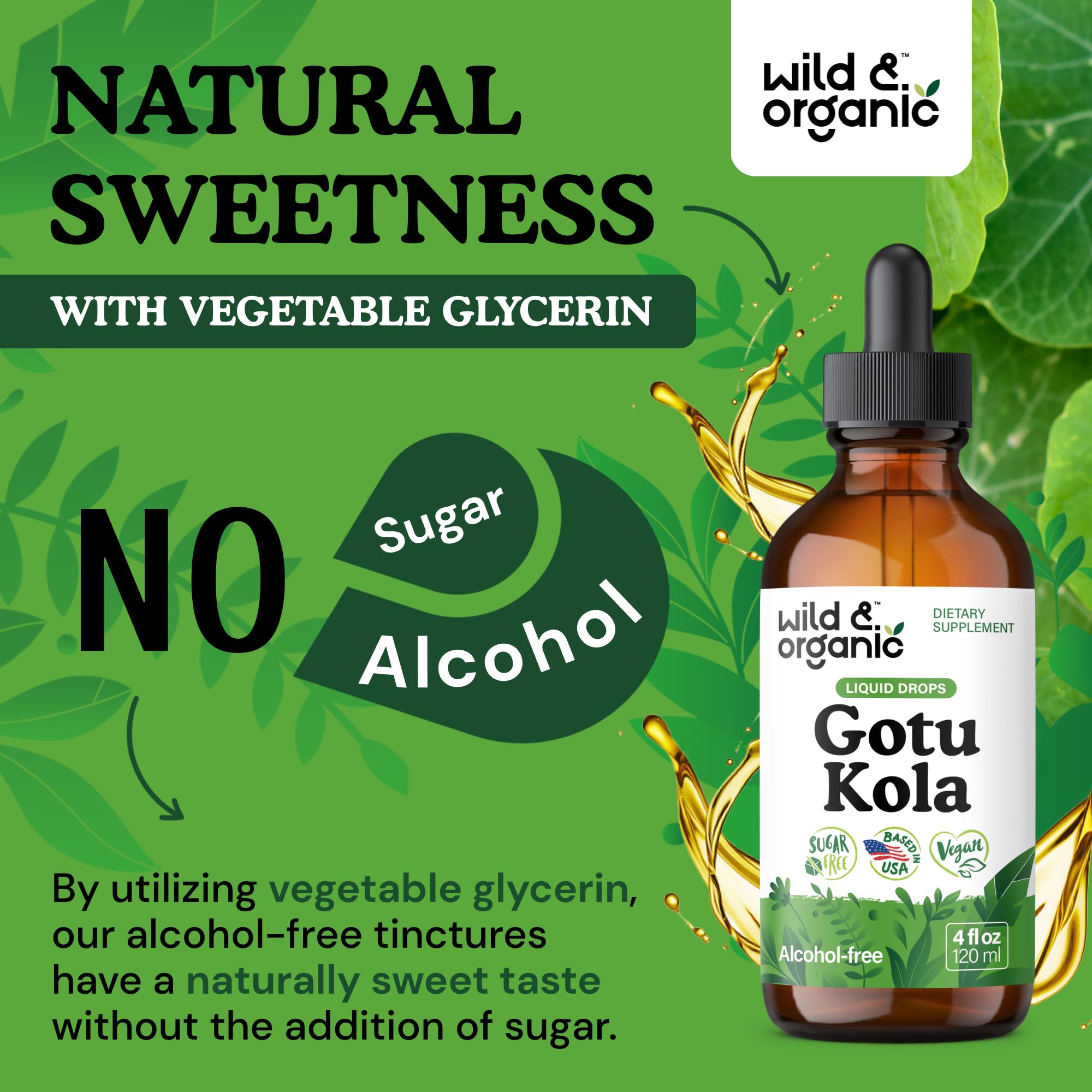 Wild & Organic Gotu Kola Tincture 500mg with measuring spoon