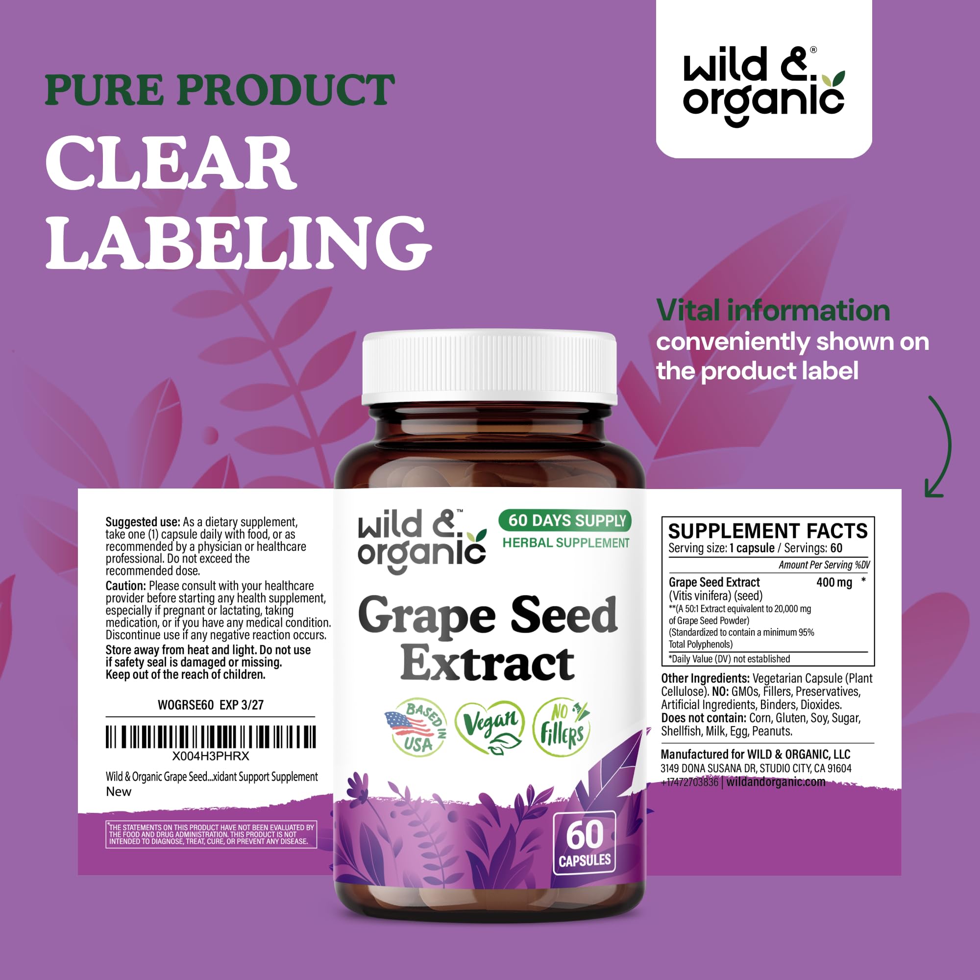 Wild & Organic Grape Seed Extract Capsules 400mg ingredients list