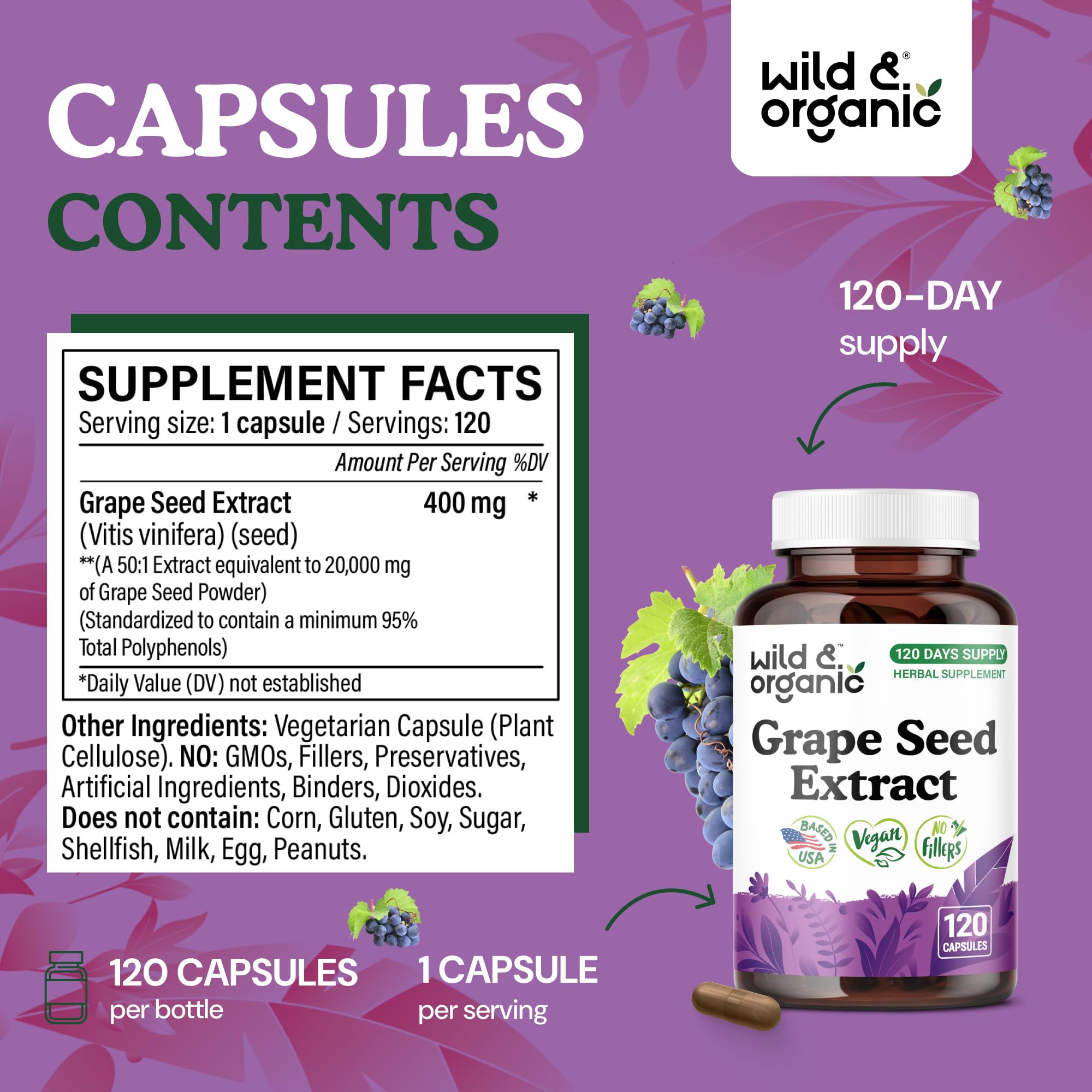Wild & Organic Grape Seed Extract Capsules 400mg label close-up