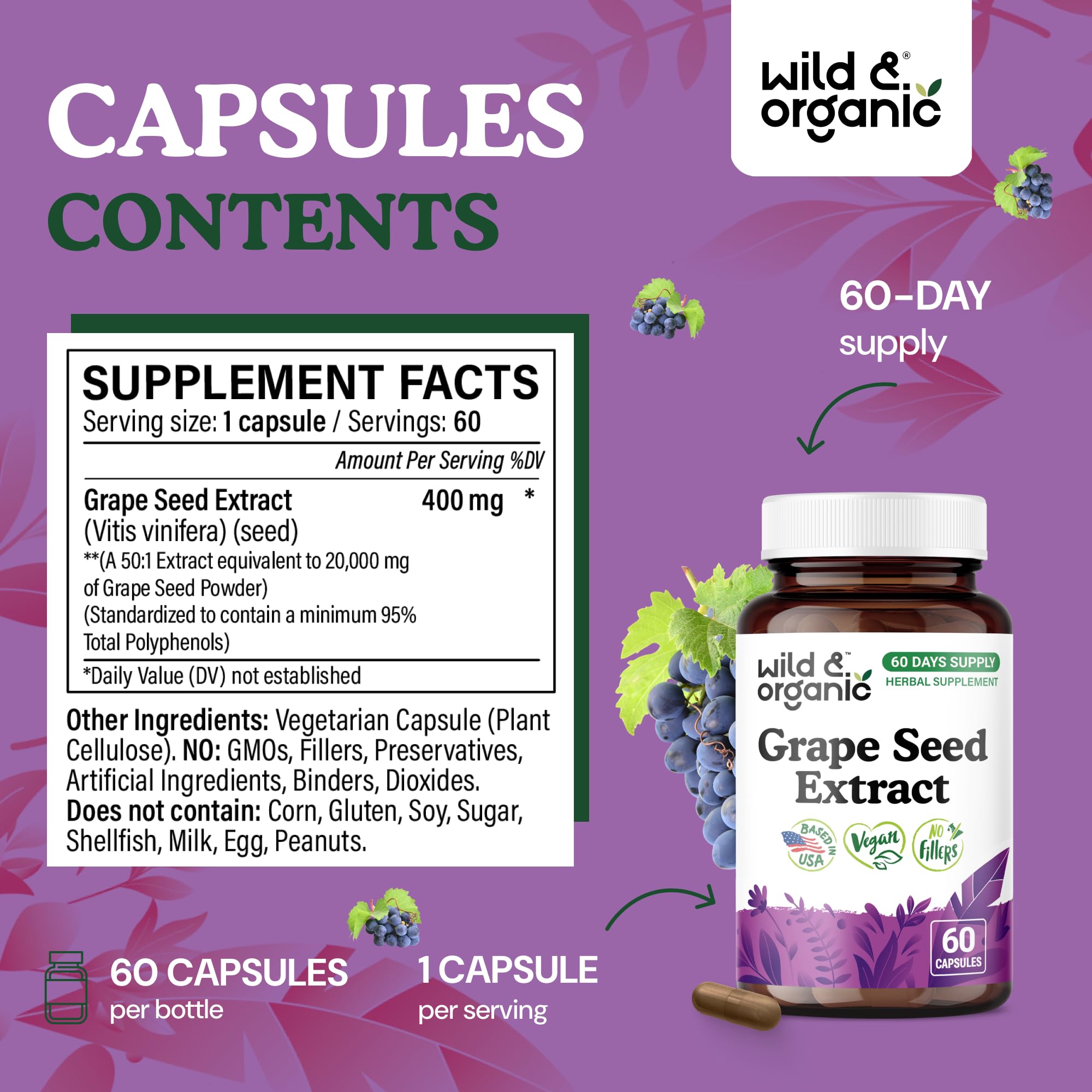 Wild & Organic Grape Seed Extract Capsules 400mg with capsules displayed