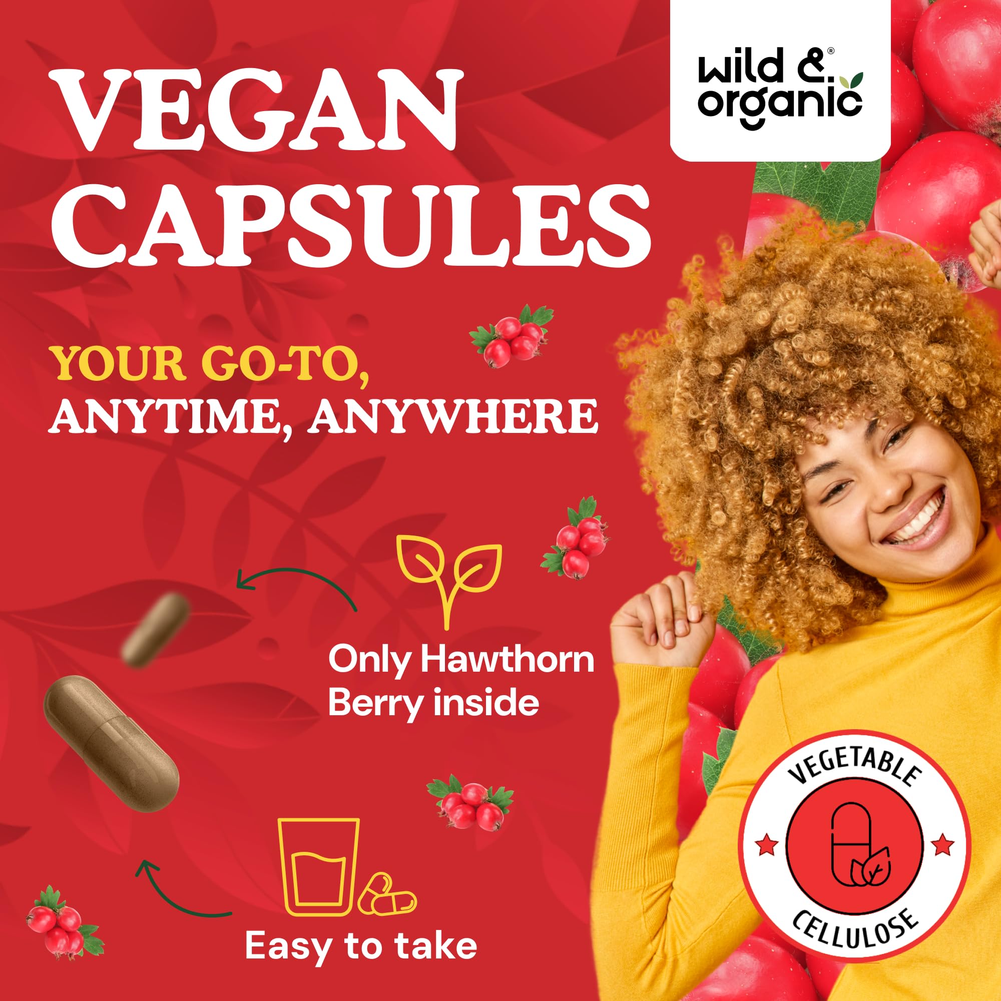 Wild & Organic Hawthorn Berry Capsules 1200mg capsules on a wooden surface